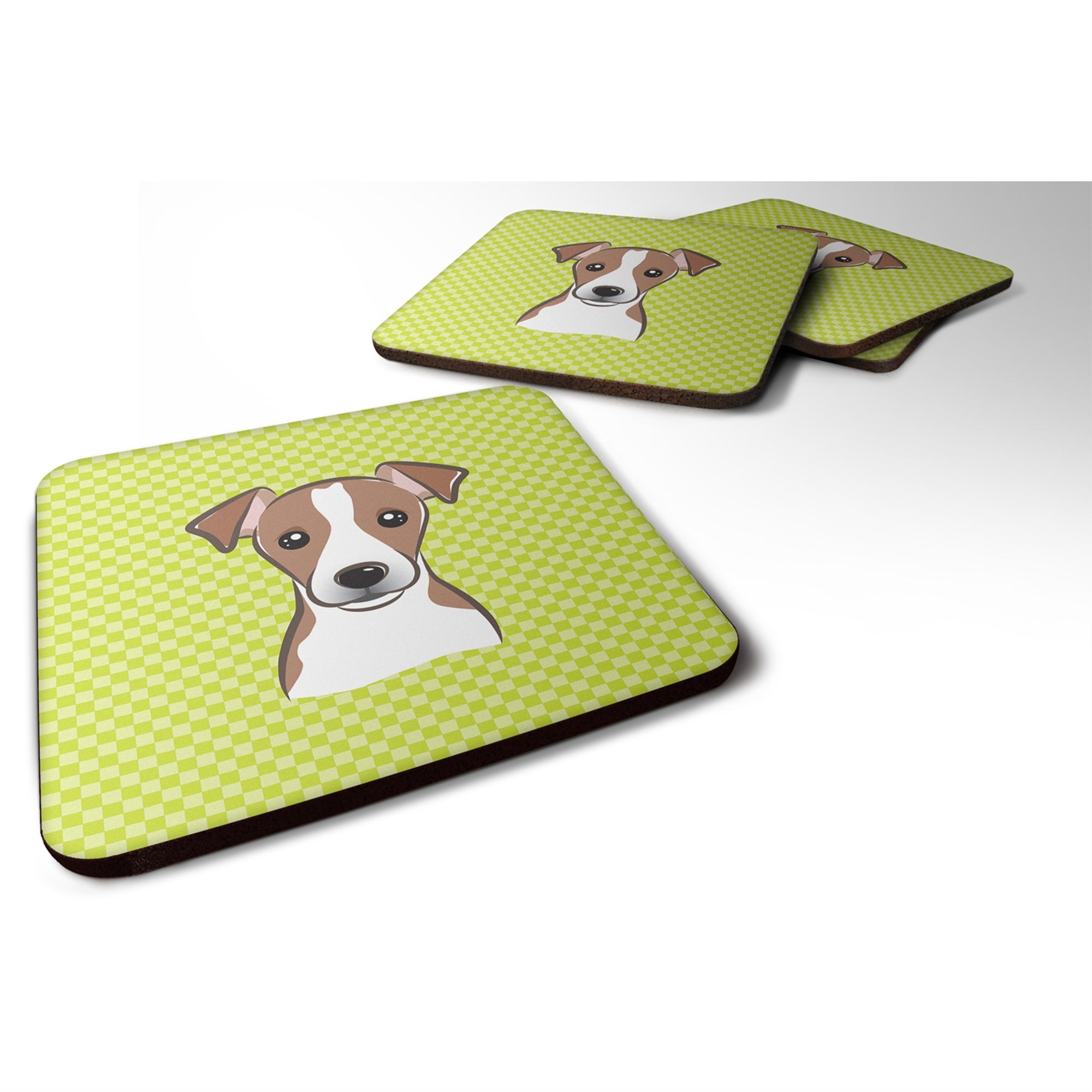 'Caroline'S Treasures Bb1322Fc Checkerboard Lime Green Jack Russell Terrier Foam Coaster (Set Of 4), 3.5'''' H X 3.5'''' W, Mul