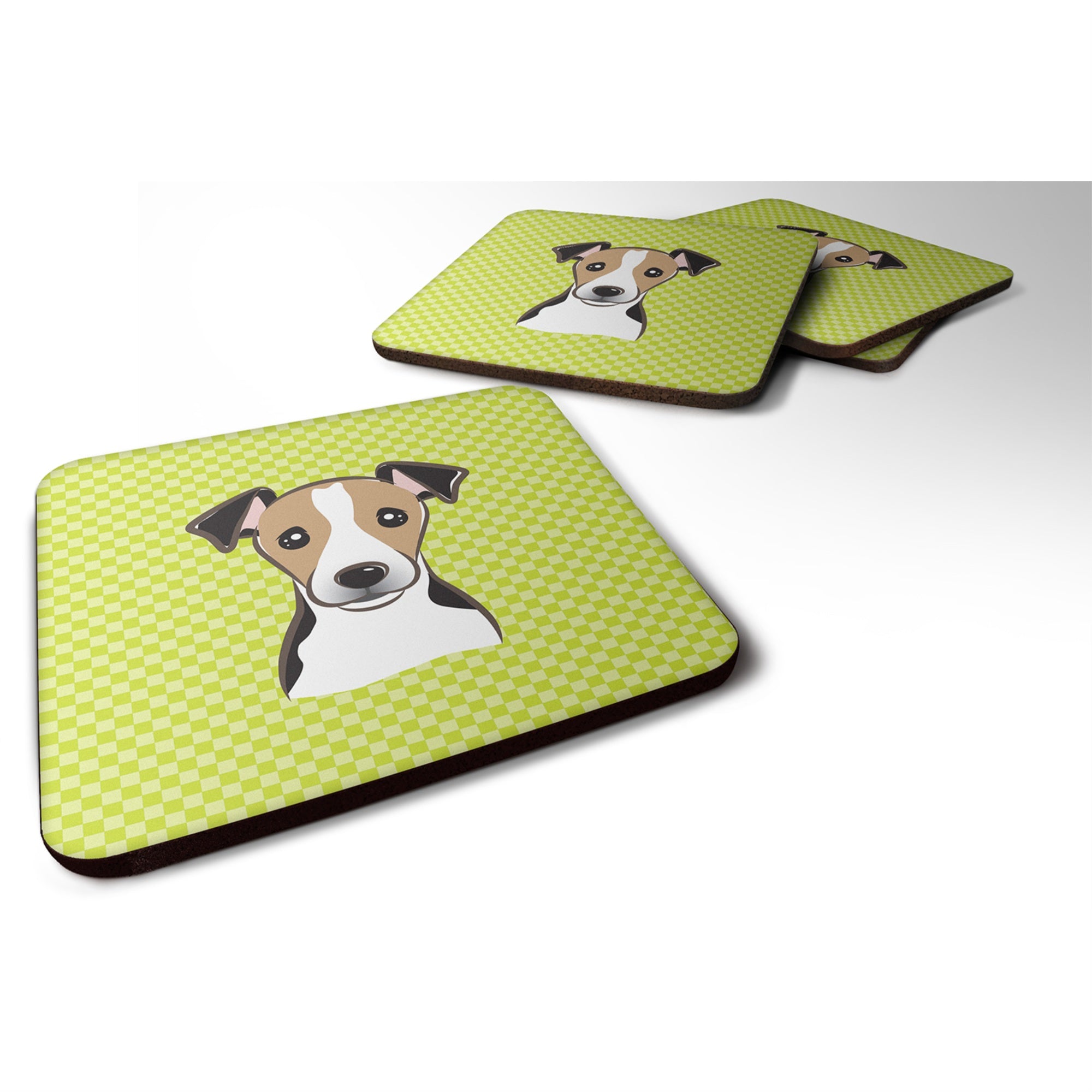 'Caroline'S Treasures Bb1323Fc Checkerboard Lime Green Jack Russell Terrier Foam Coaster (Set Of 4), 3.5'''' H X 3.5'''' W, Mul