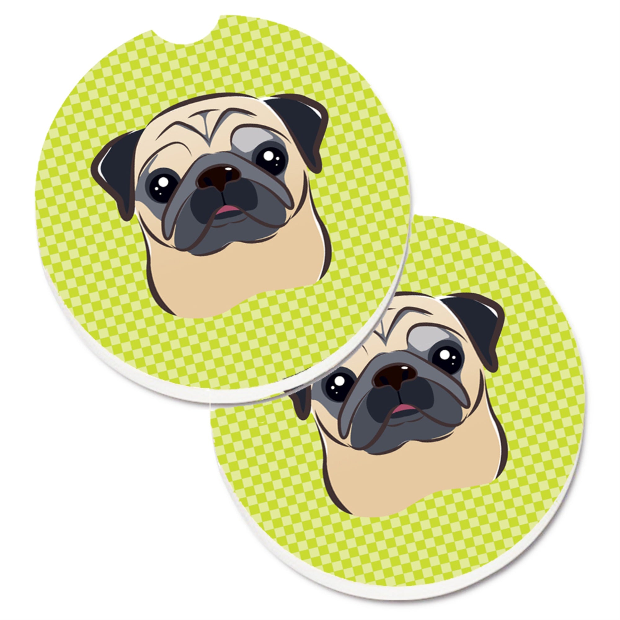 'Caroline'S Treasures Checkerboard Lime Green Fawn Pug Set Of 2 Cup Holder Car Coasters Bb1324Carc, 2.56, Multicolor''