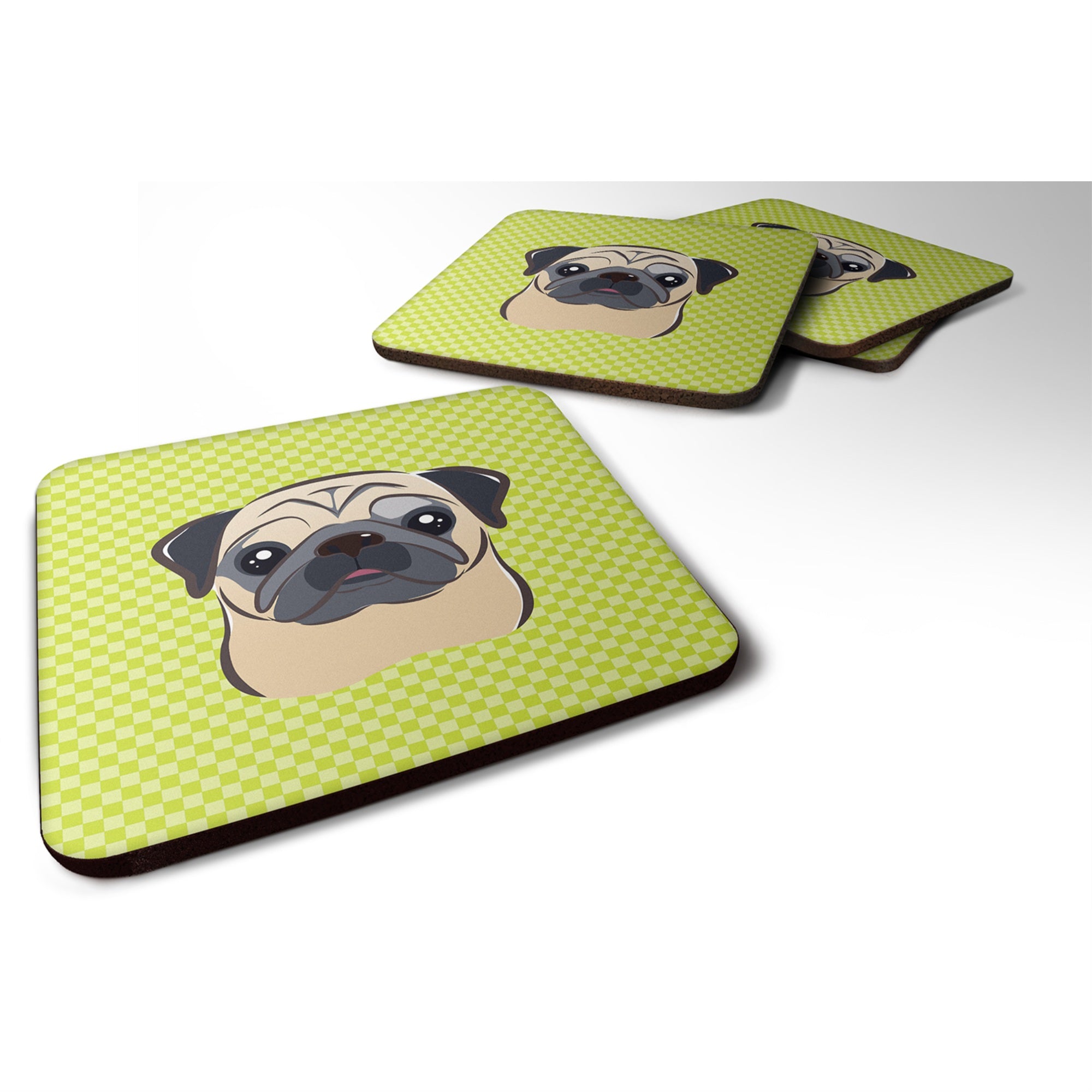 'Caroline'S Treasures Bb1324Fc Checkerboard Lime Green Fawn Pug Foam Coaster (Set Of 4), 3.5'''' H X 3.5'''' W, Multicolor''