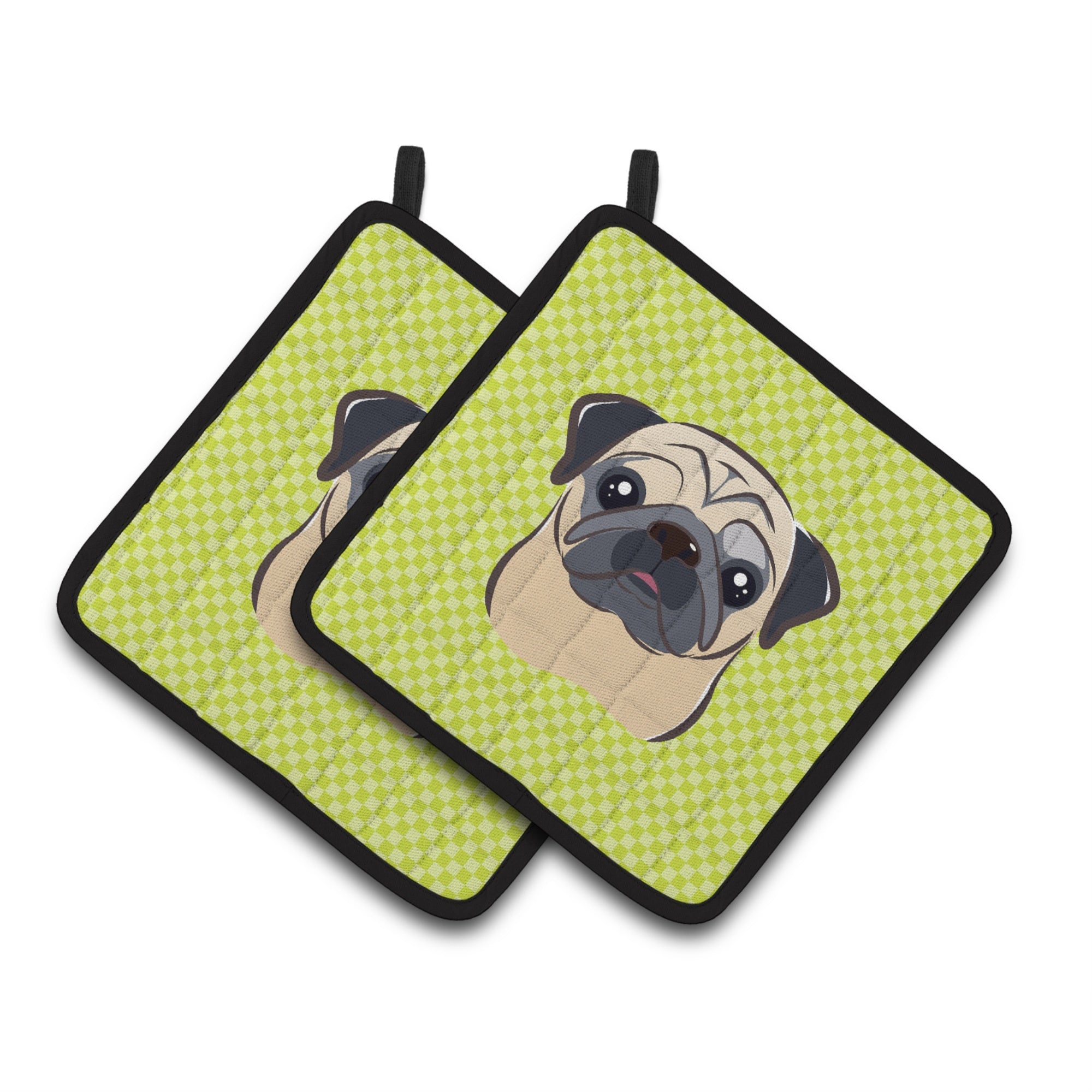 'Caroline'S Treasures Checkerboard Lime Green Fawn Pug Pair Of Pot Holders Bb1324Pthd, 7.5Hx7.5W, Multicolor''