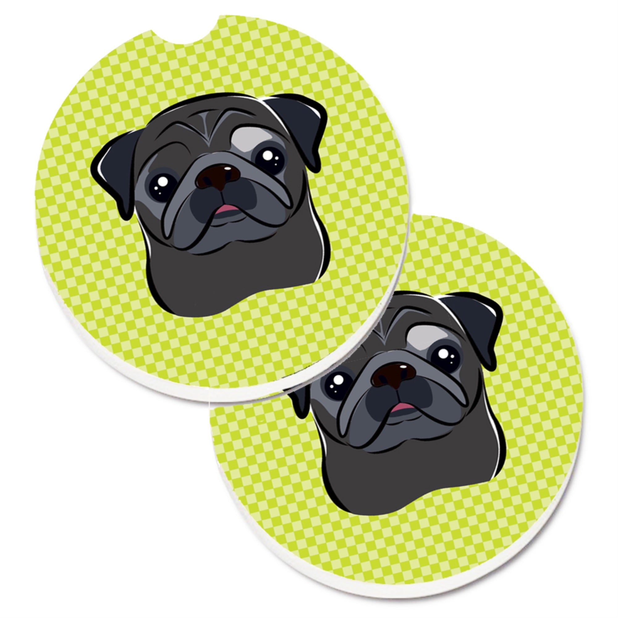 'Caroline'S Treasures Checkerboard Lime Green Black Pug Set Of 2 Cup Holder Car Coasters Bb1325Carc, 2.56, Multicolor''