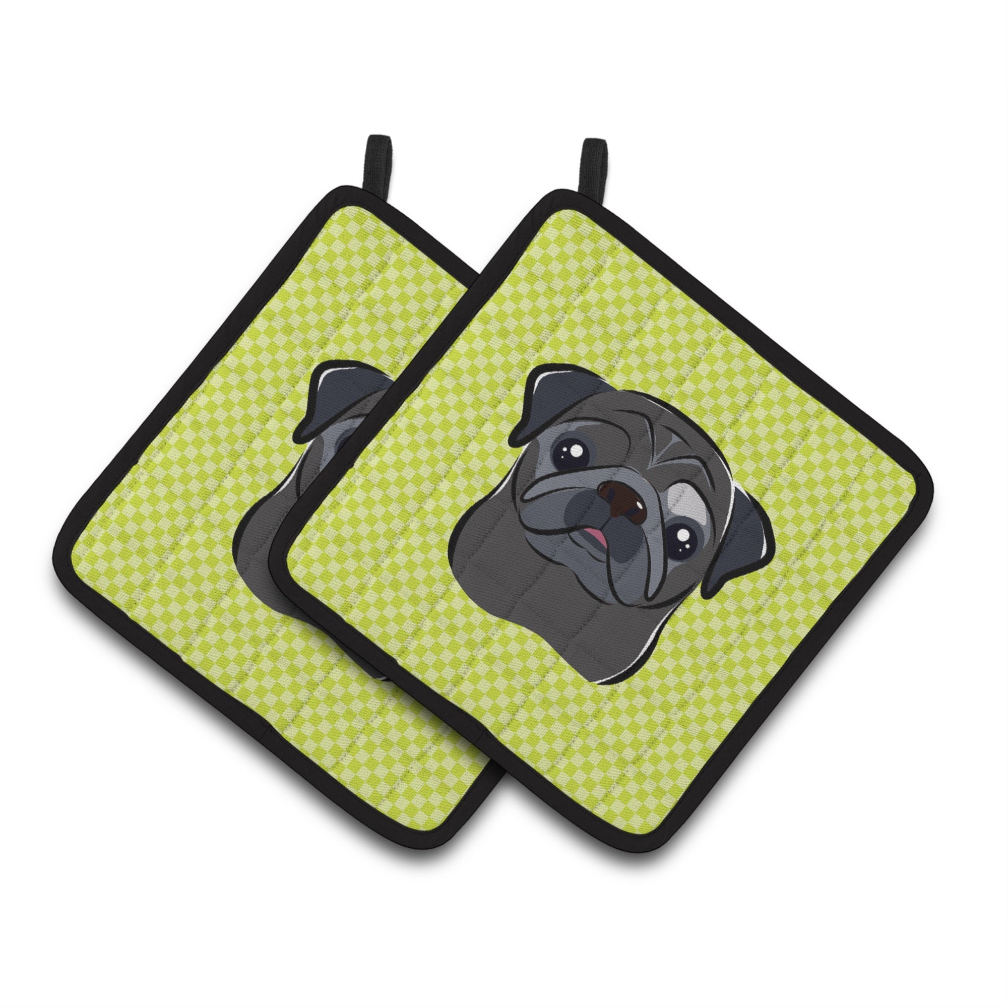 'Caroline'S Treasures Checkerboard Lime Green Black Pug Pair Of Pot Holders Bb1325Pthd, 7.5Hx7.5W, Multicolor''
