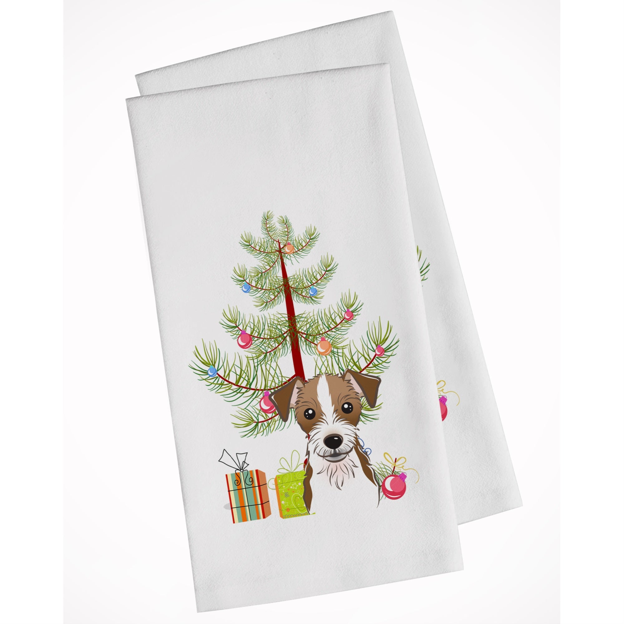 Christmas Tree And Jack Russell Terrier White Kitchen Towel Set Of 2