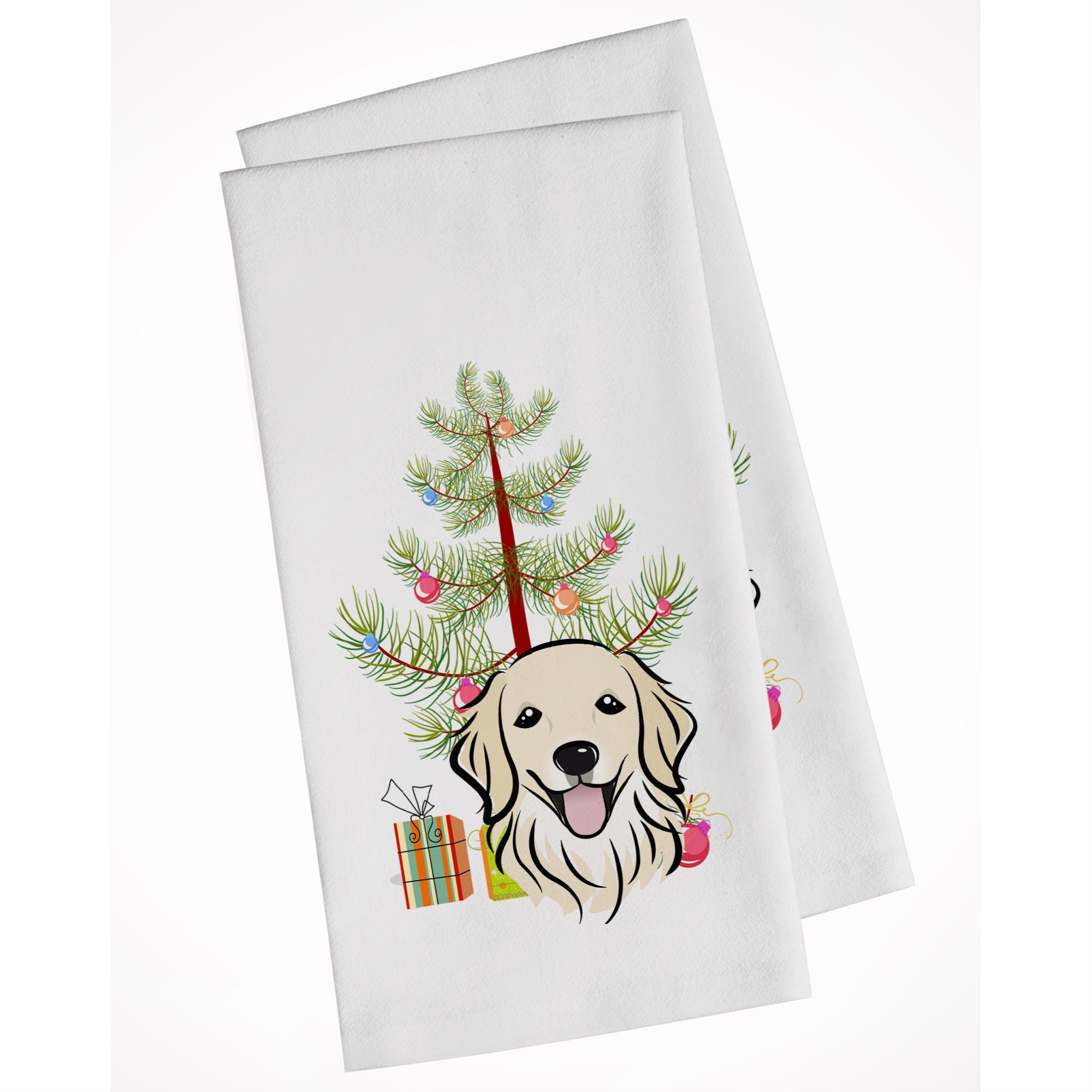 Christmas Tree And Golden Retriever White Kitchen Towel Set Of 2