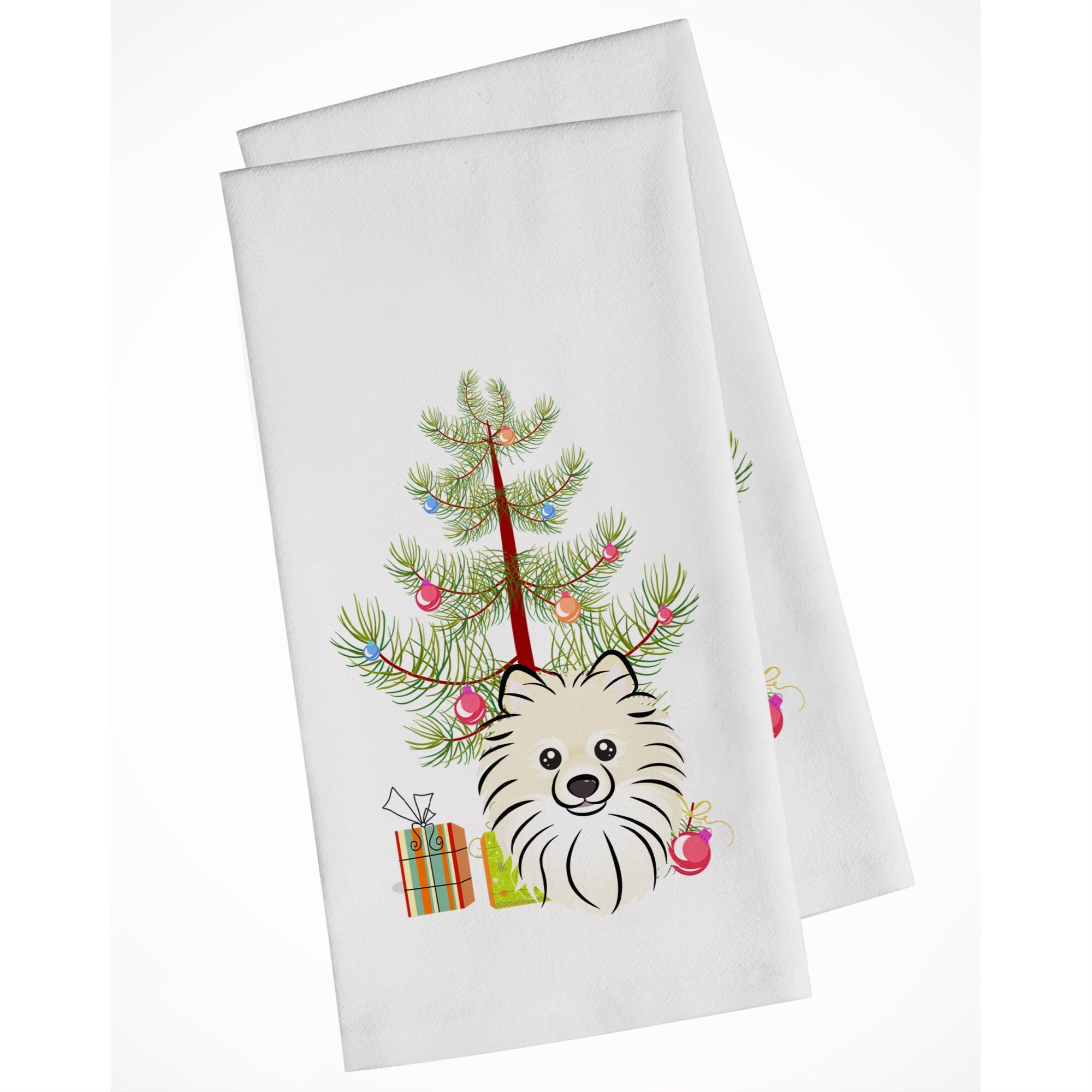Christmas Tree And Pomeranian White Kitchen Towel Set Of 2