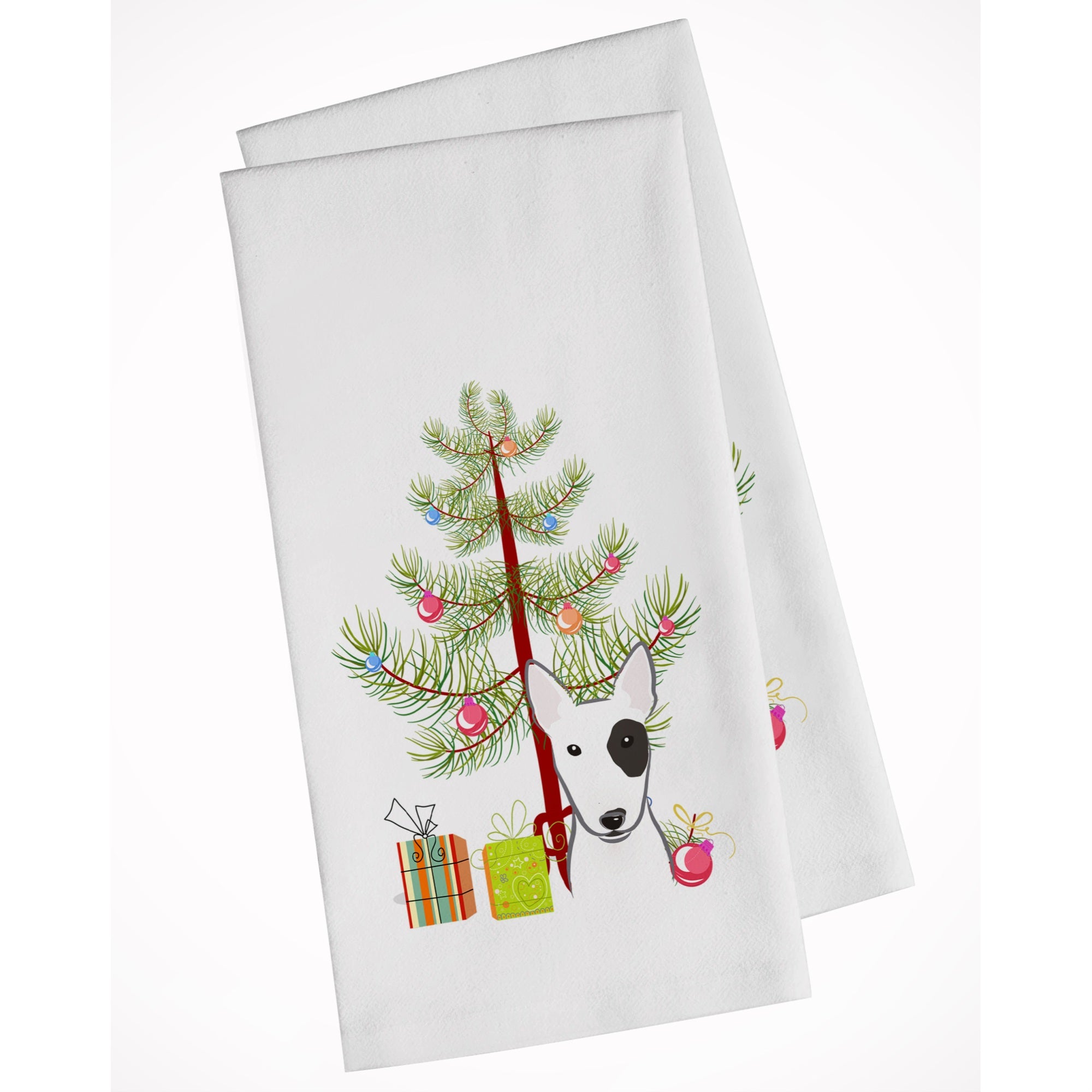 Christmas Tree And Bull Terrier White Kitchen Towel Set Of 2
