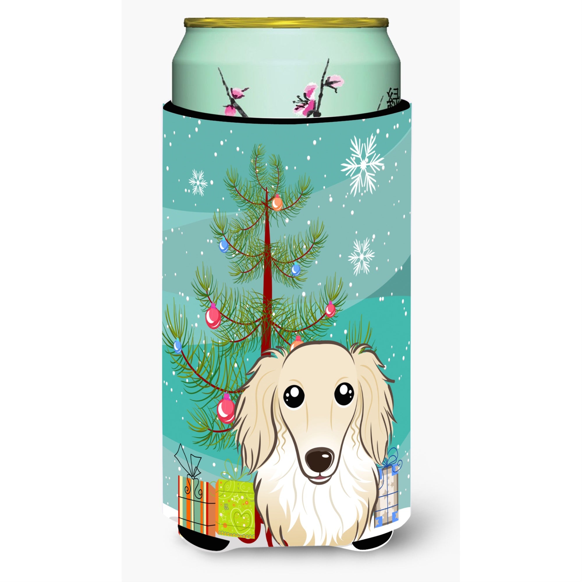 'Caroline'S Treasures Christmas Tree And Longhair Creme Dachshund Tall Boy Koozie Hugger, Multicolor''