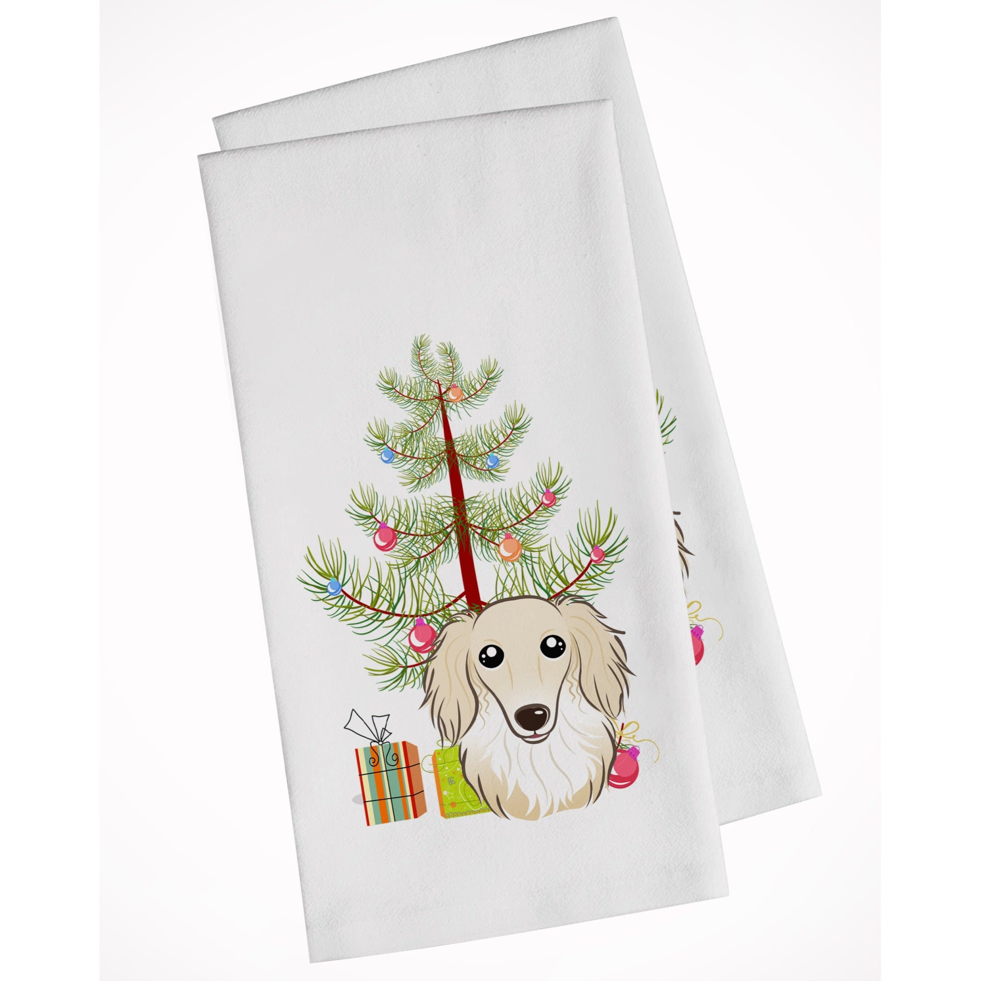 Christmas Tree And Longhair Creme Dachshund White Kitchen Towel Set Of 2