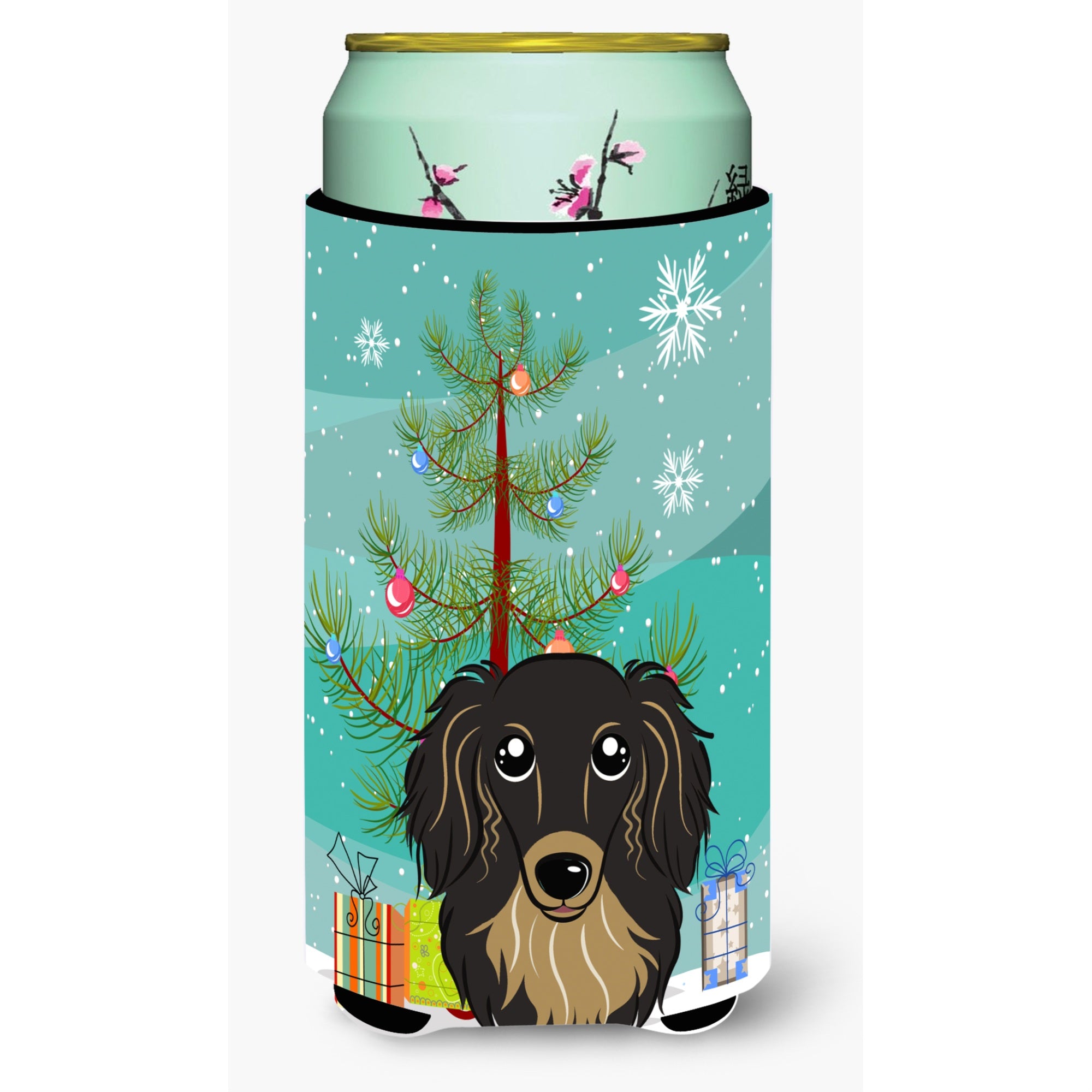 'Caroline'S Treasures Christmas Tree And Longhair Black And Tan Dachshund Tall Boy Koozie Hugger, Multicolor''