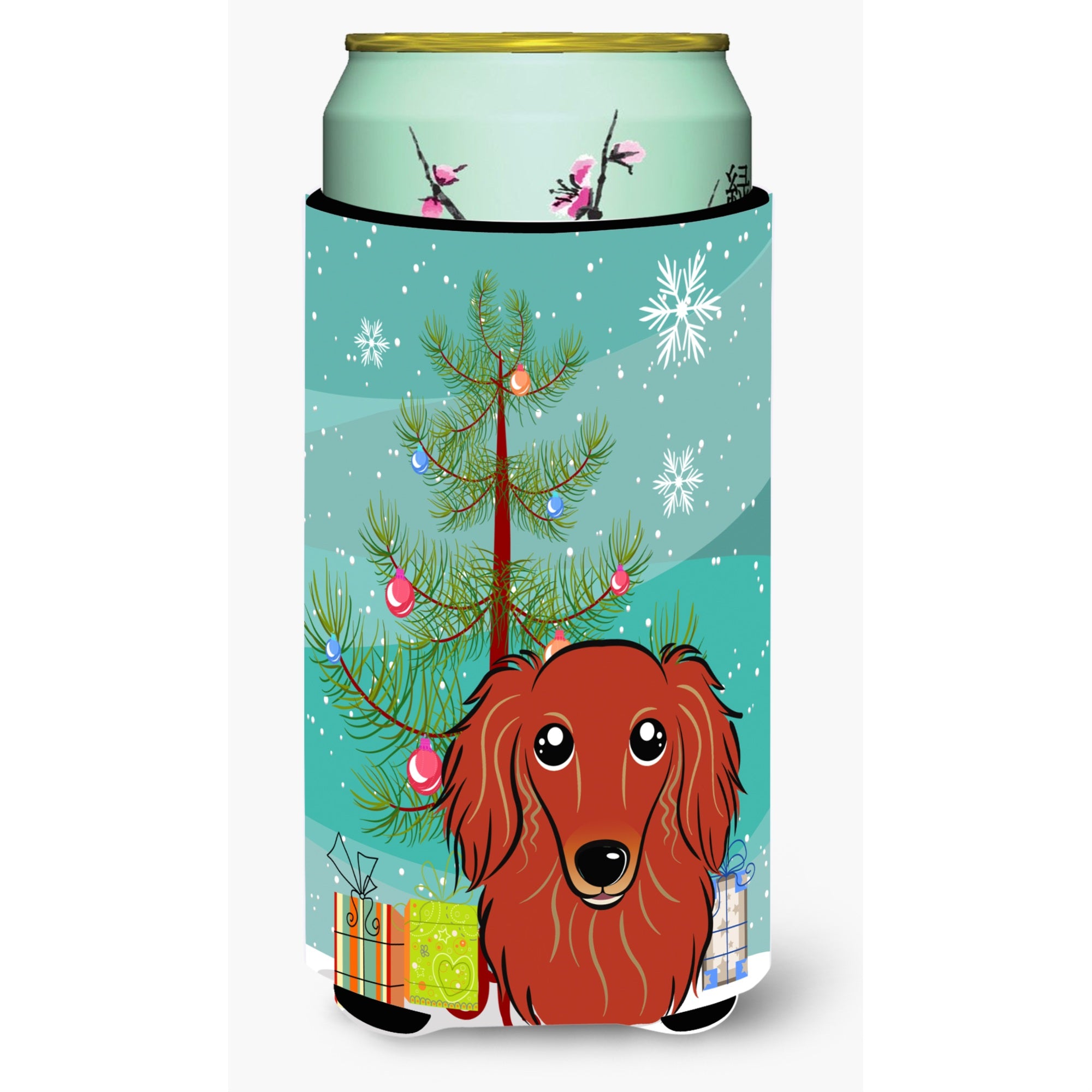 'Caroline'S Treasures Christmas Tree And Longhair Red Dachshund Tall Boy Koozie Hugger, Multicolor''