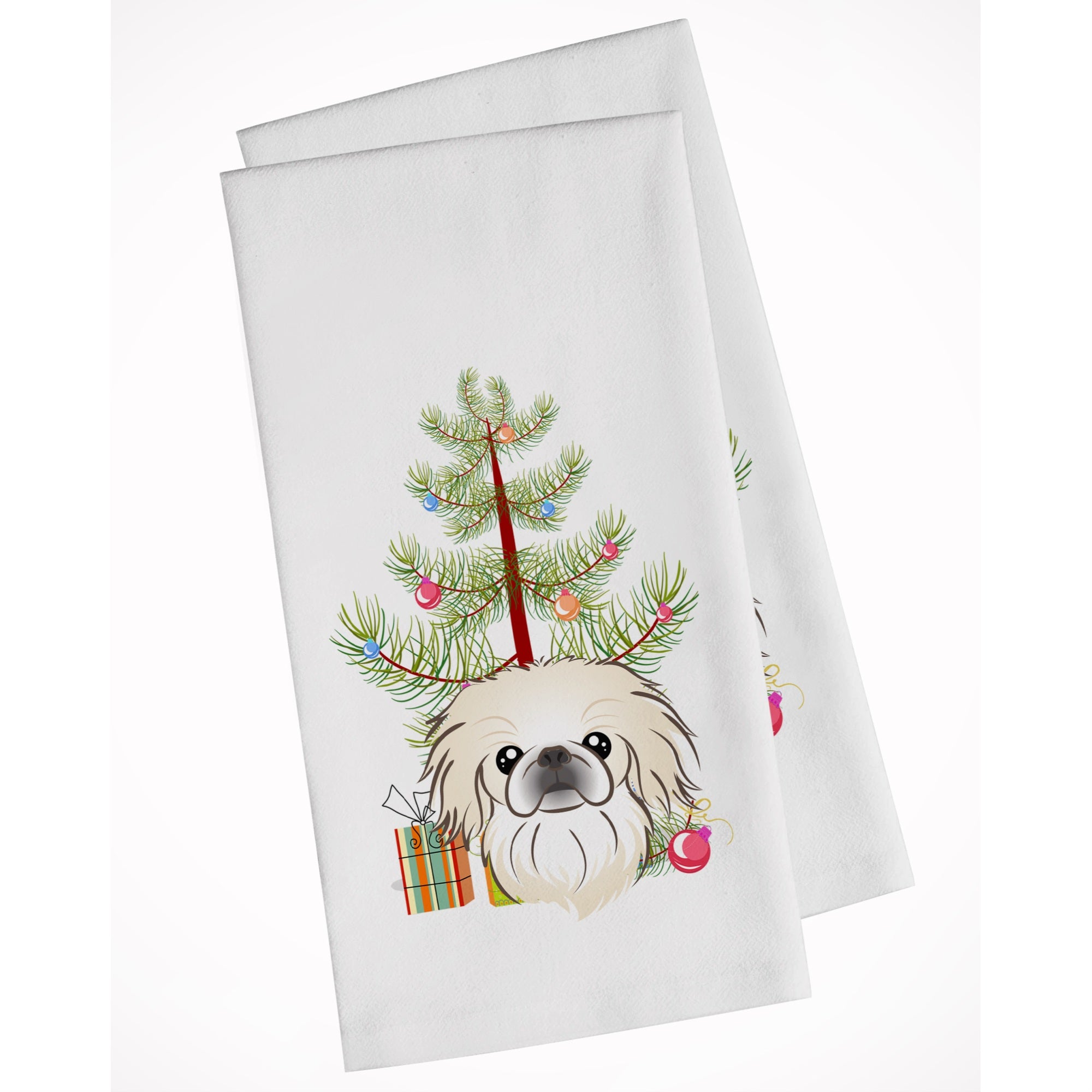 Christmas Tree And Pekingese White Kitchen Towel Set Of 2