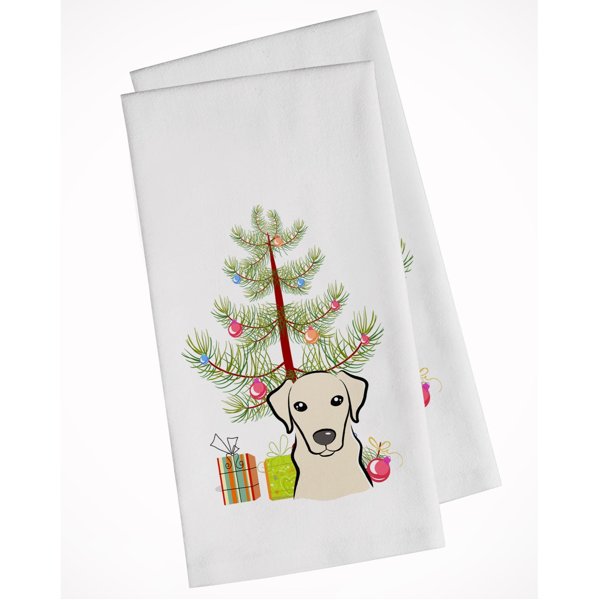 Christmas Tree And Yellow Labrador White Kitchen Towel Set Of 2