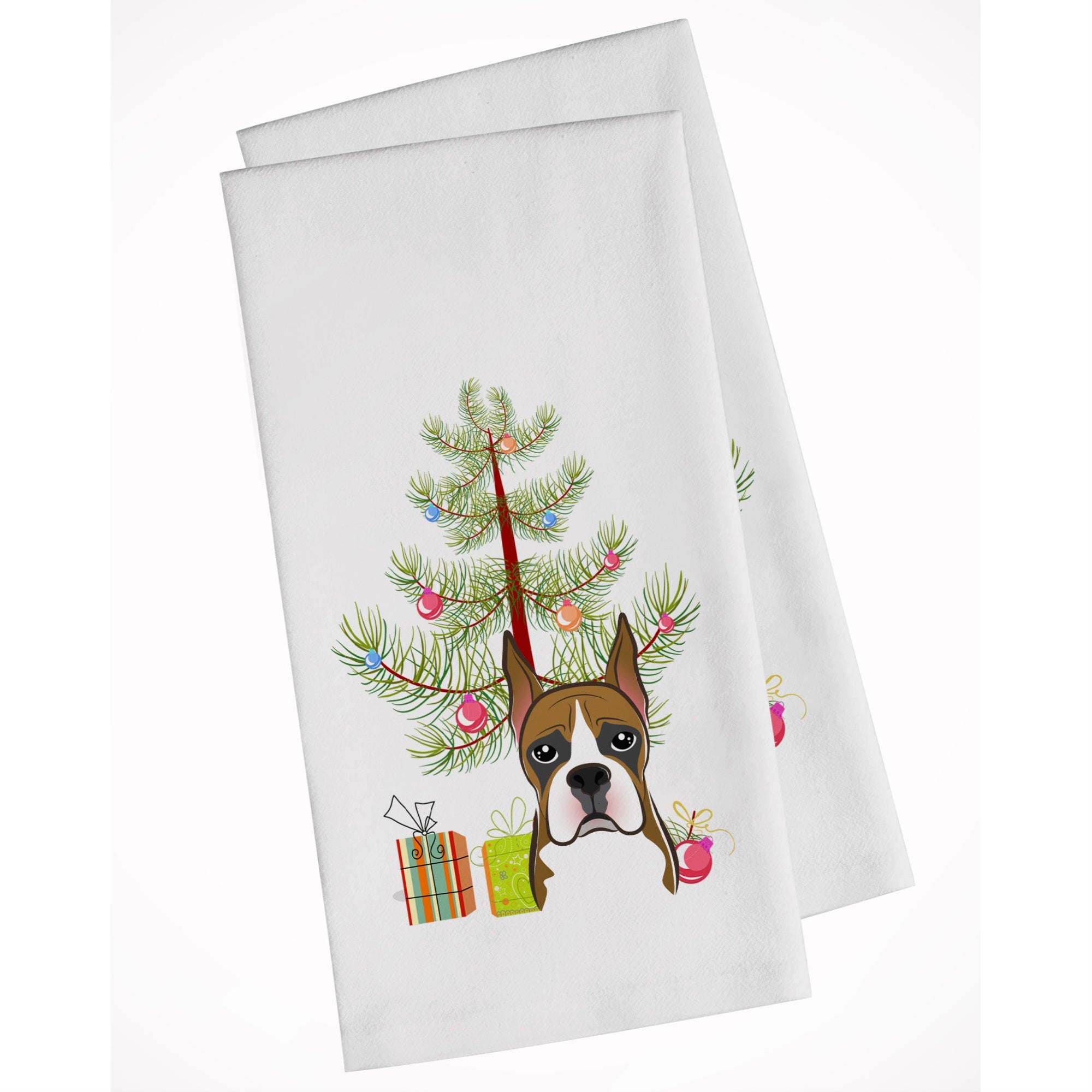 Christmas Tree And Boxer White Kitchen Towel Set Of 2