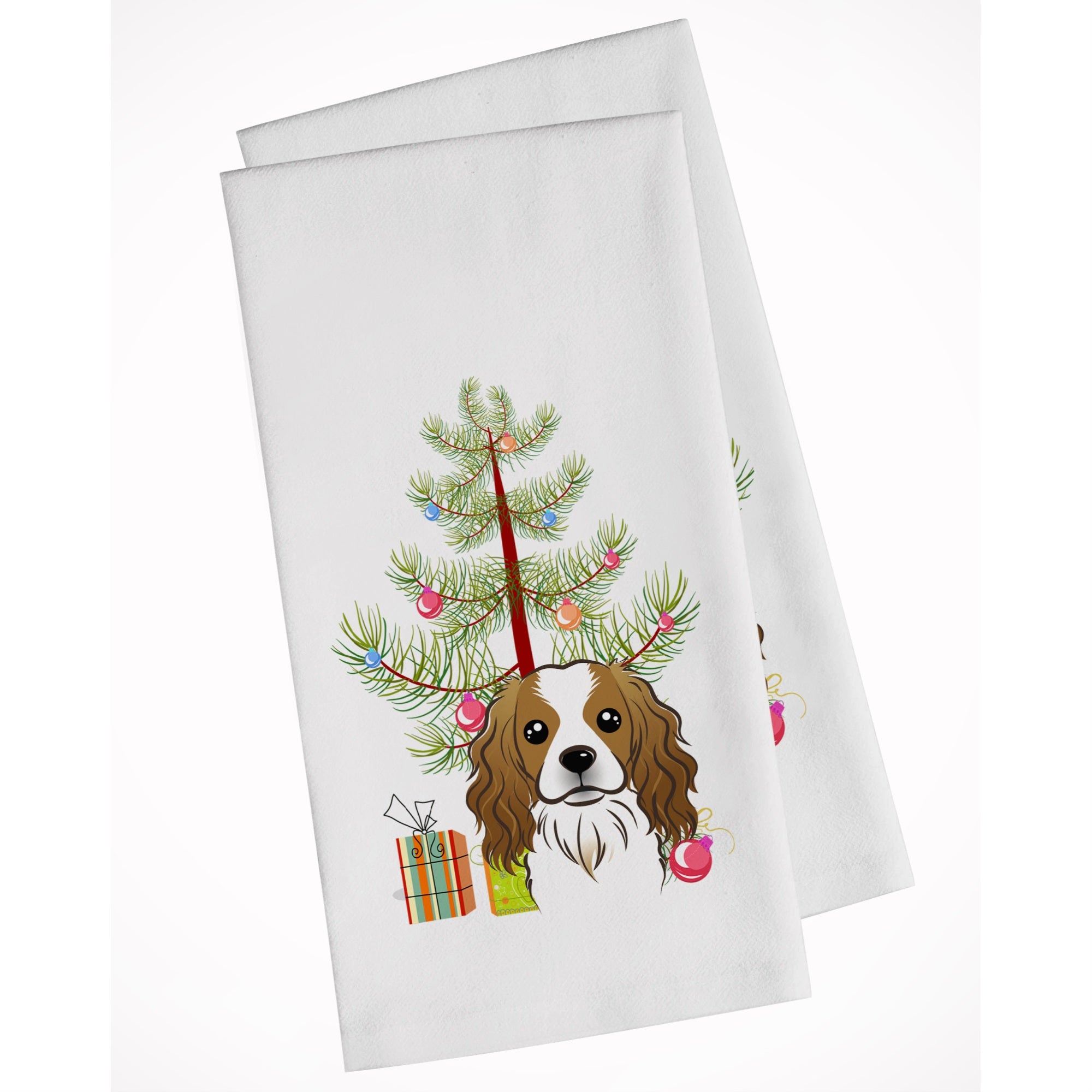 Christmas Tree And Cavalier Spaniel White Kitchen Towel Set Of 2