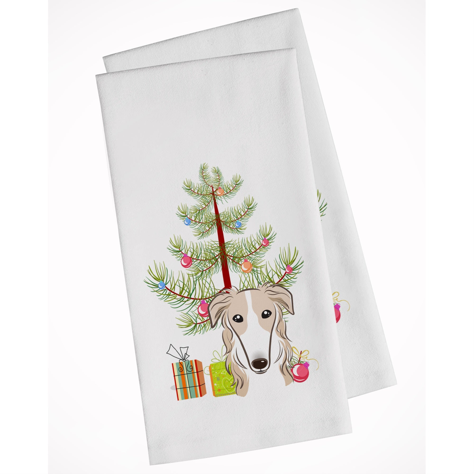 Christmas Tree And Borzoi White Kitchen Towel Set Of 2