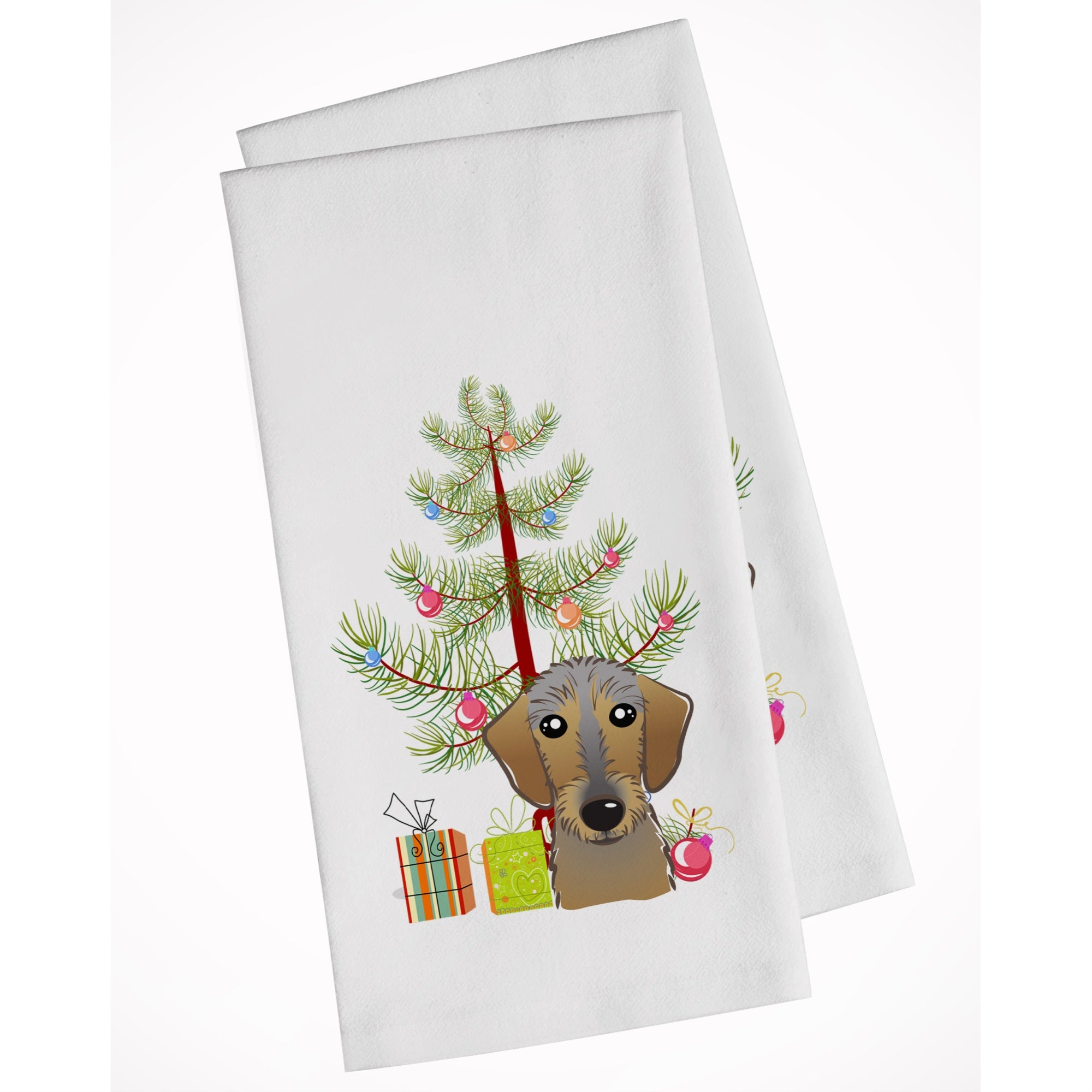 Christmas Tree And Wirehaired Dachshund White Kitchen Towel Set Of 2