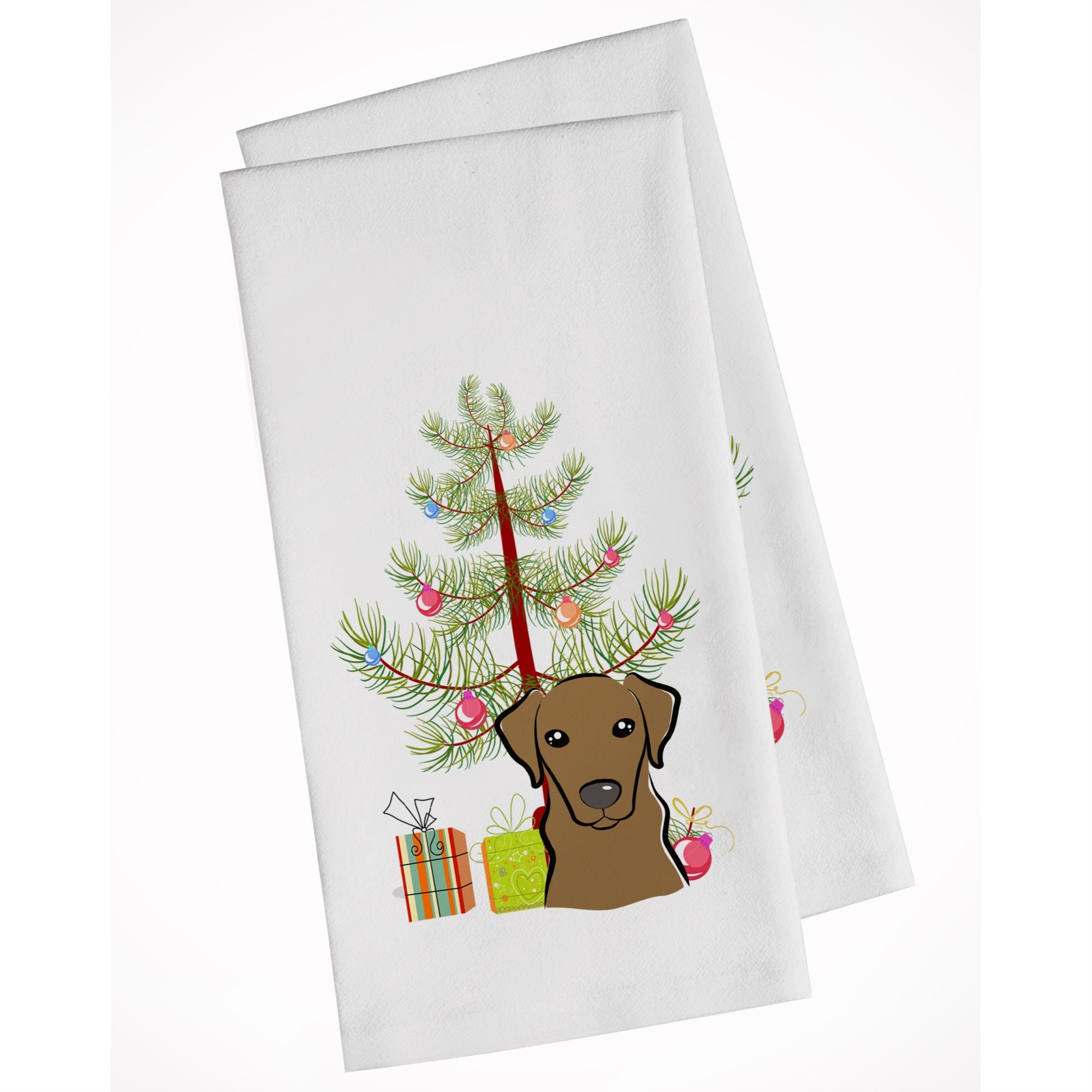 Christmas Tree And Chocolate Labrador White Kitchen Towel Set Of 2