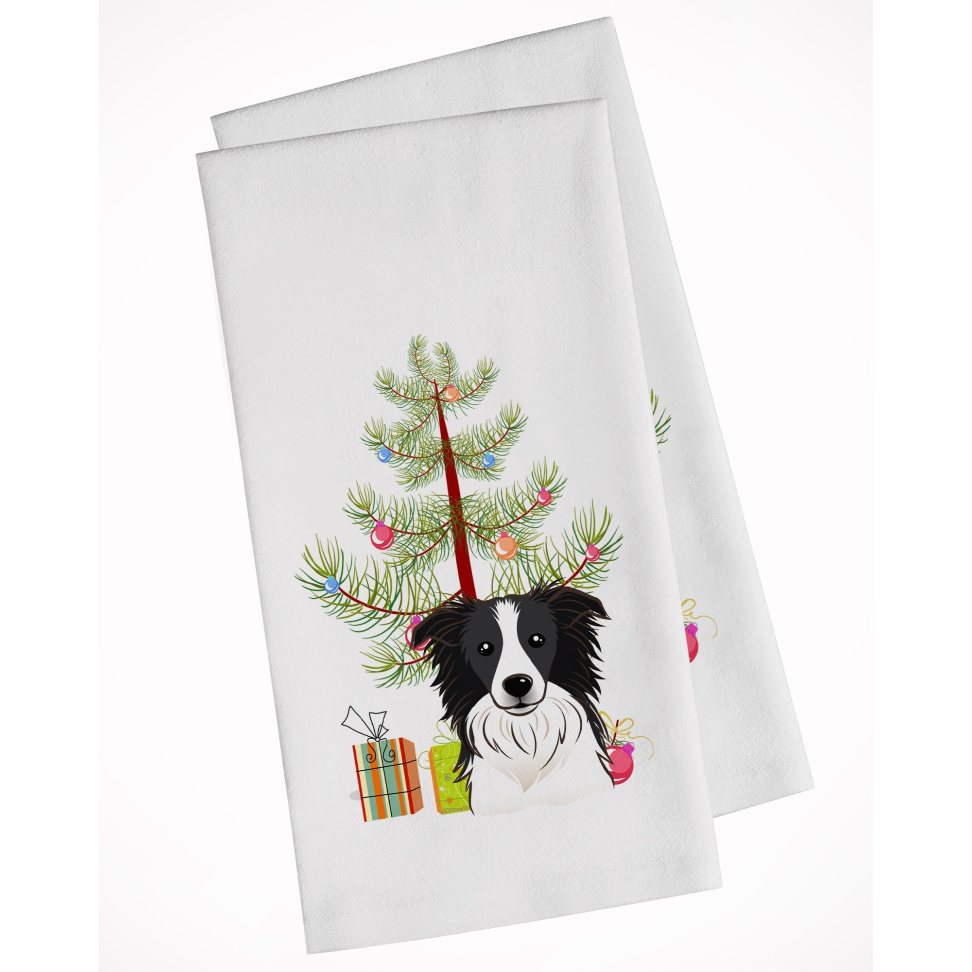 Christmas Tree And Border Collie White Kitchen Towel Set Of 2