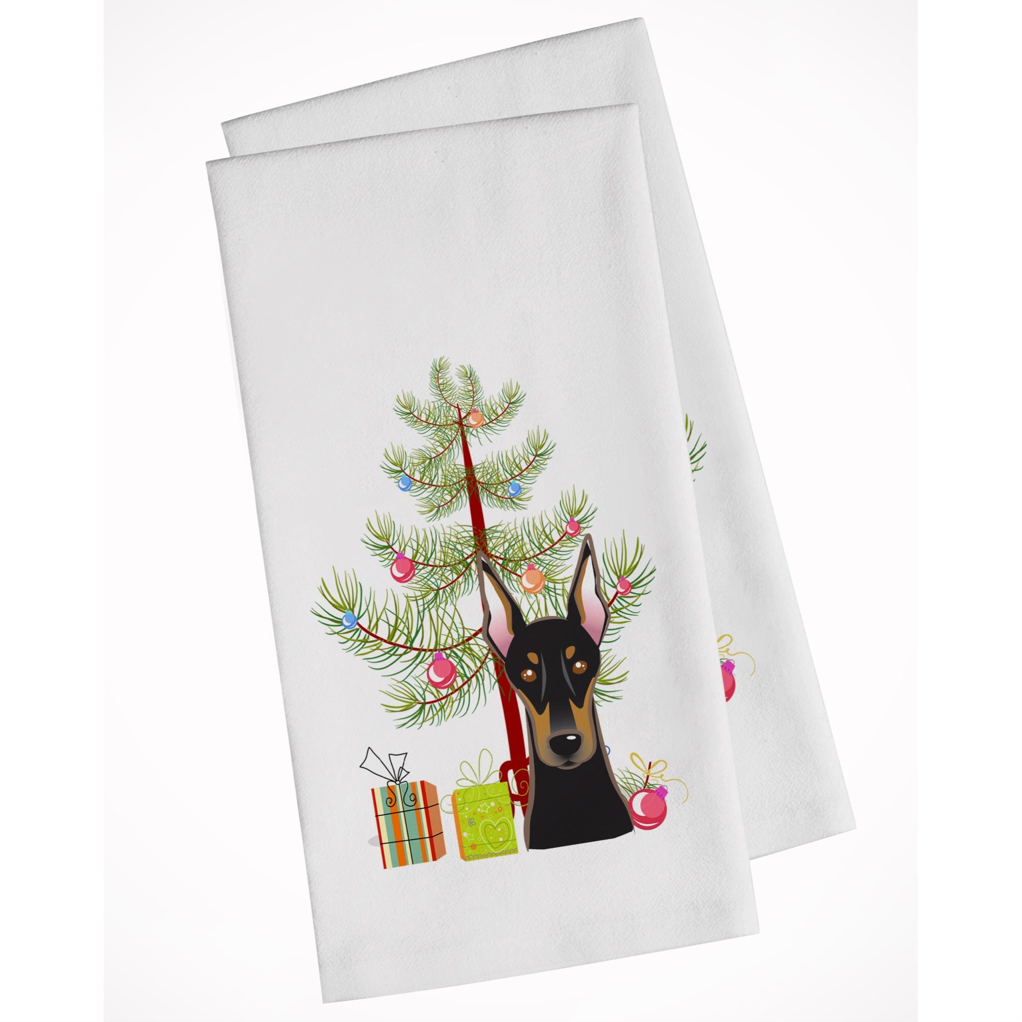 Christmas Tree And Doberman White Kitchen Towel Set Of 2