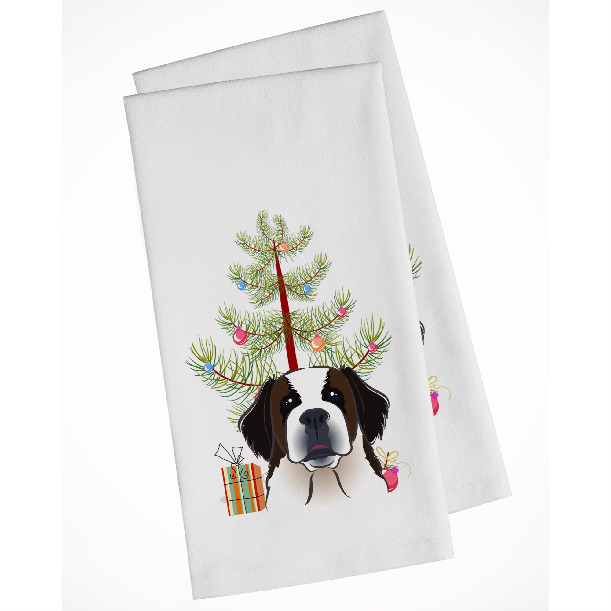 Christmas Tree And Saint Bernard White Kitchen Towel Set Of 2