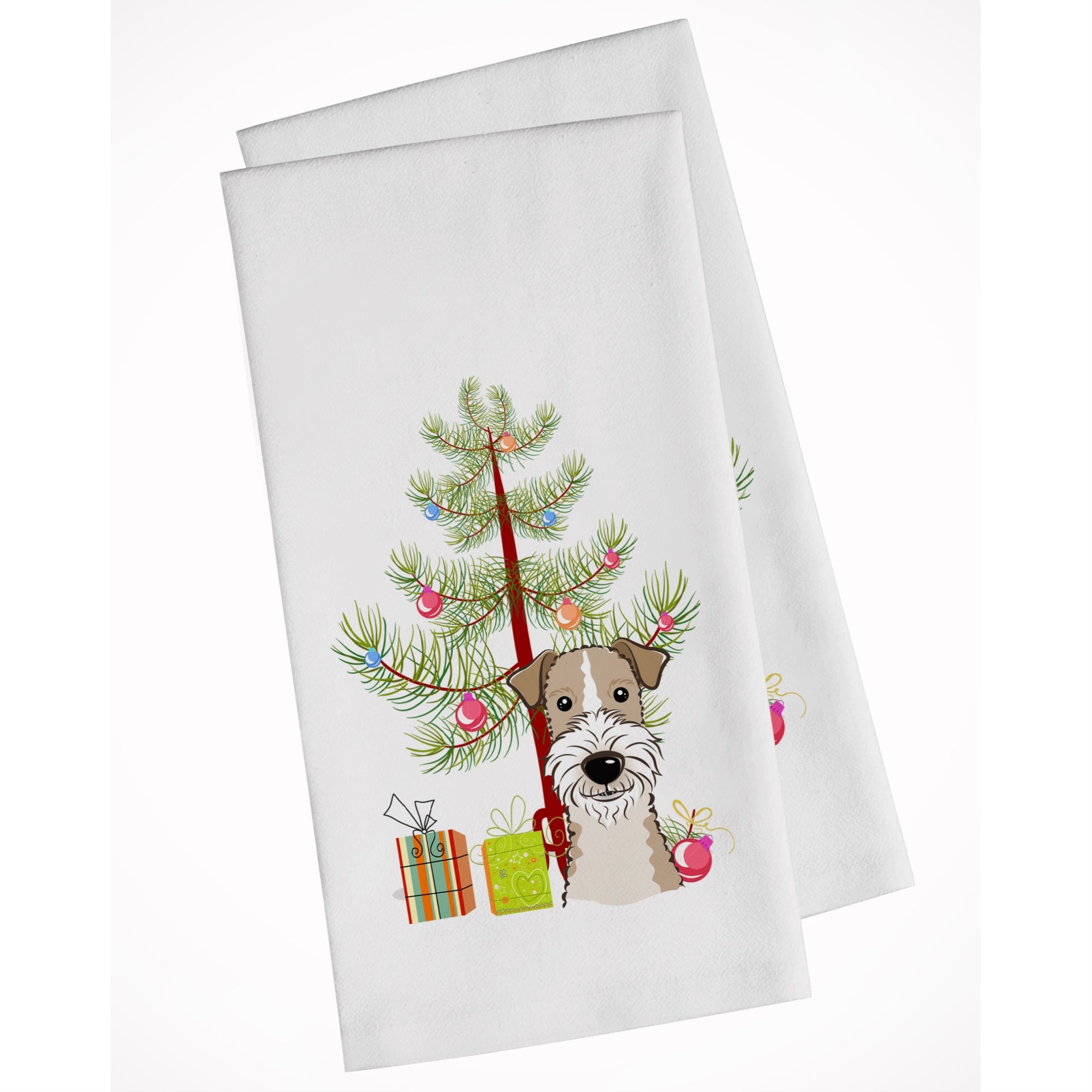 Christmas Tree And Wire Haired Fox Terrier White Kitchen Towel Set Of 2