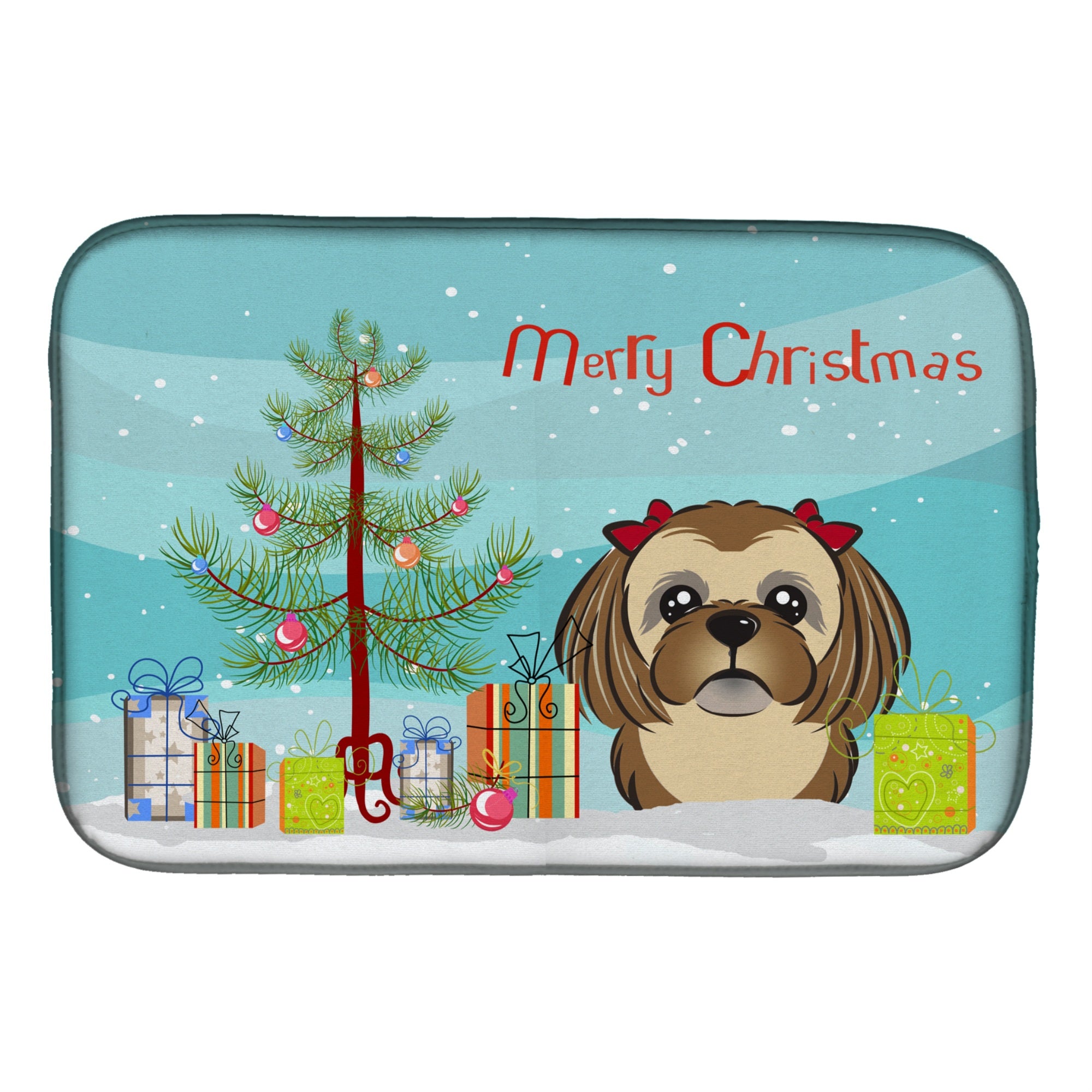 'Caroline'S Treasures Christmas Tree And Chocolate Brown Shih Tzu Dish Drying Mat, 14'''' X 21''''''
