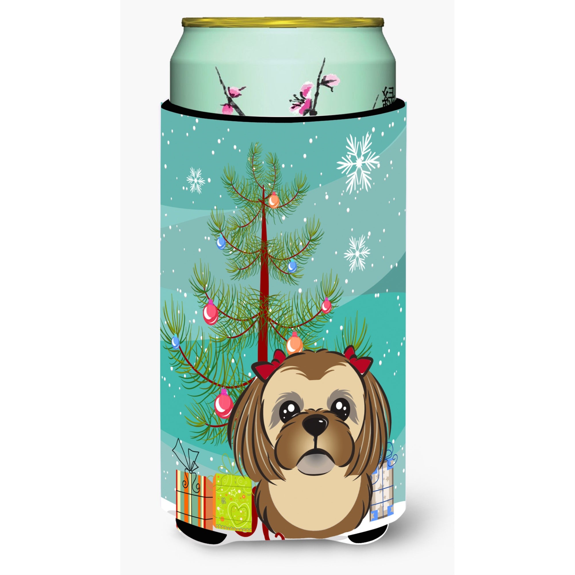 'Caroline'S Treasures Christmas Tree And Chocolate Brown Shih Tzu Tall Boy Koozie Hugger, Multicolor''