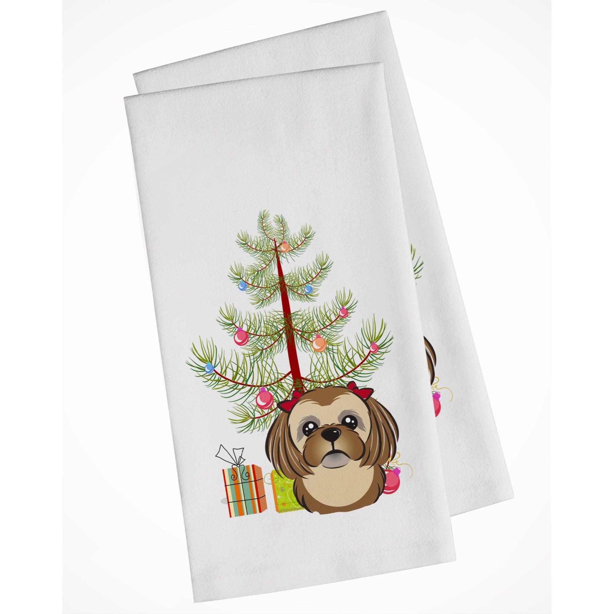 Christmas Tree And Chocolate Brown Shih Tzu White Kitchen Towel Set Of 2