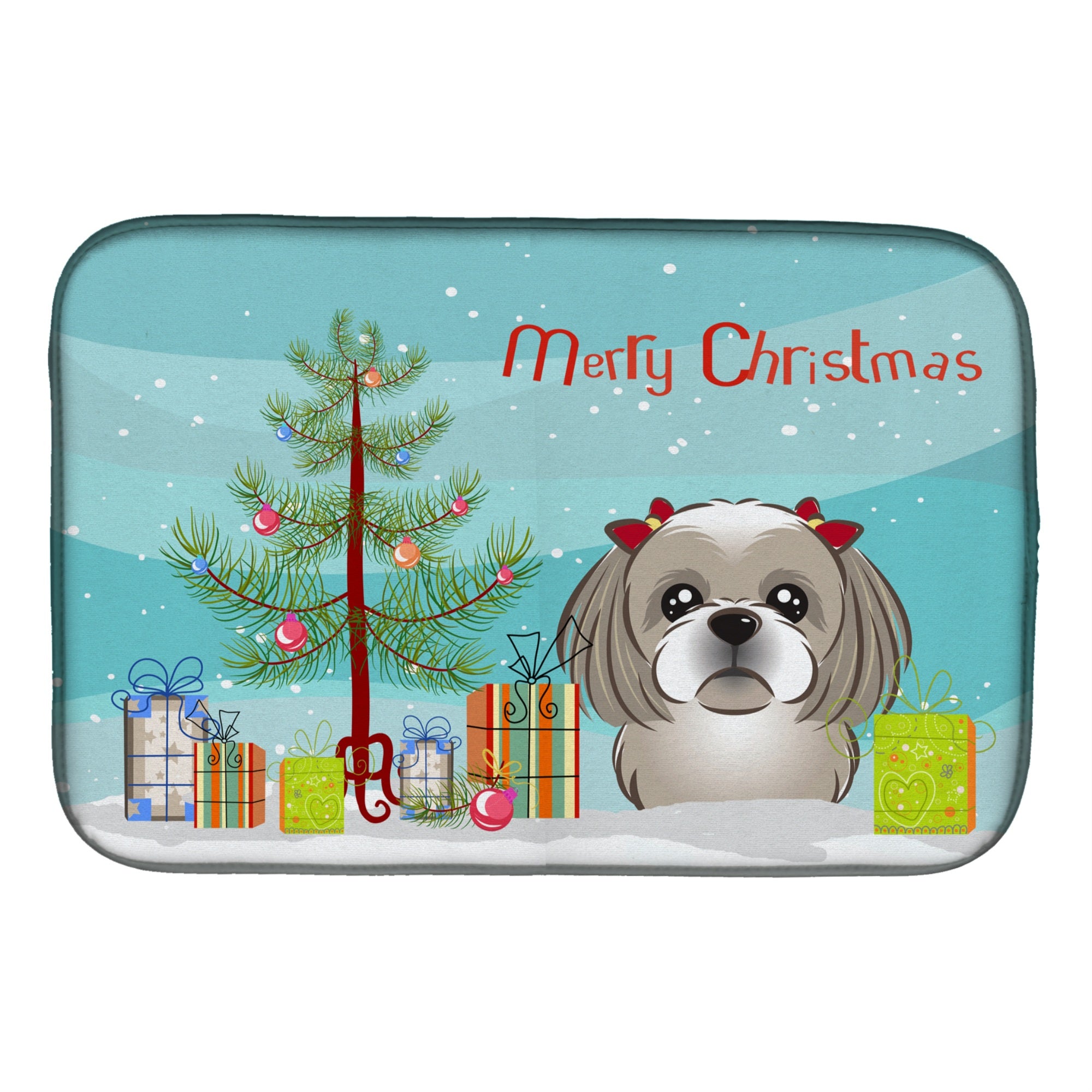 'Caroline'S Treasures Christmas Tree And Gray Silver Shih Tzu Dish Drying Mat, 14'''' X 21''''''
