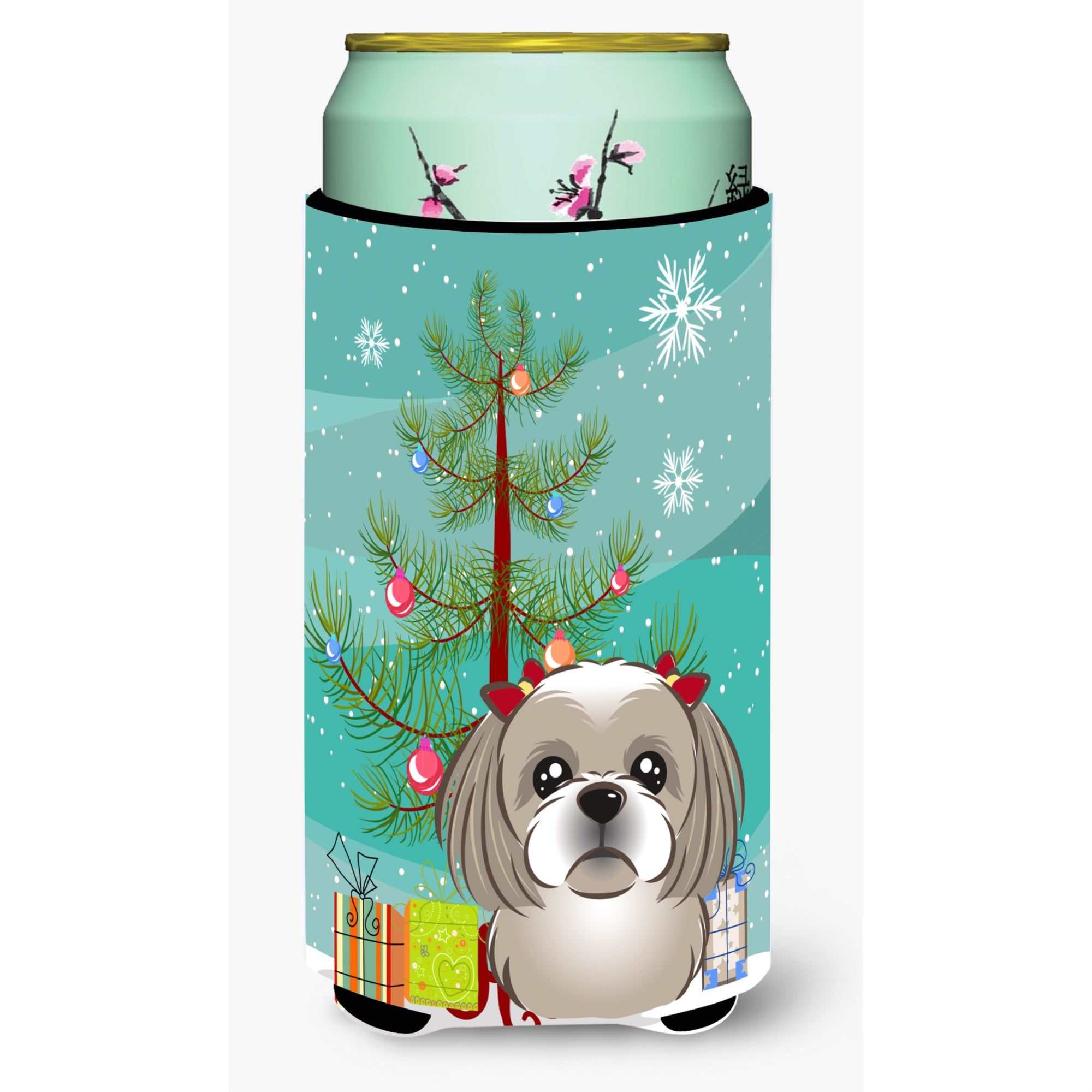 'Caroline'S Treasures Christmas Tree And Gray Silver Shih Tzu Tall Boy Koozie Hugger, Multicolor''