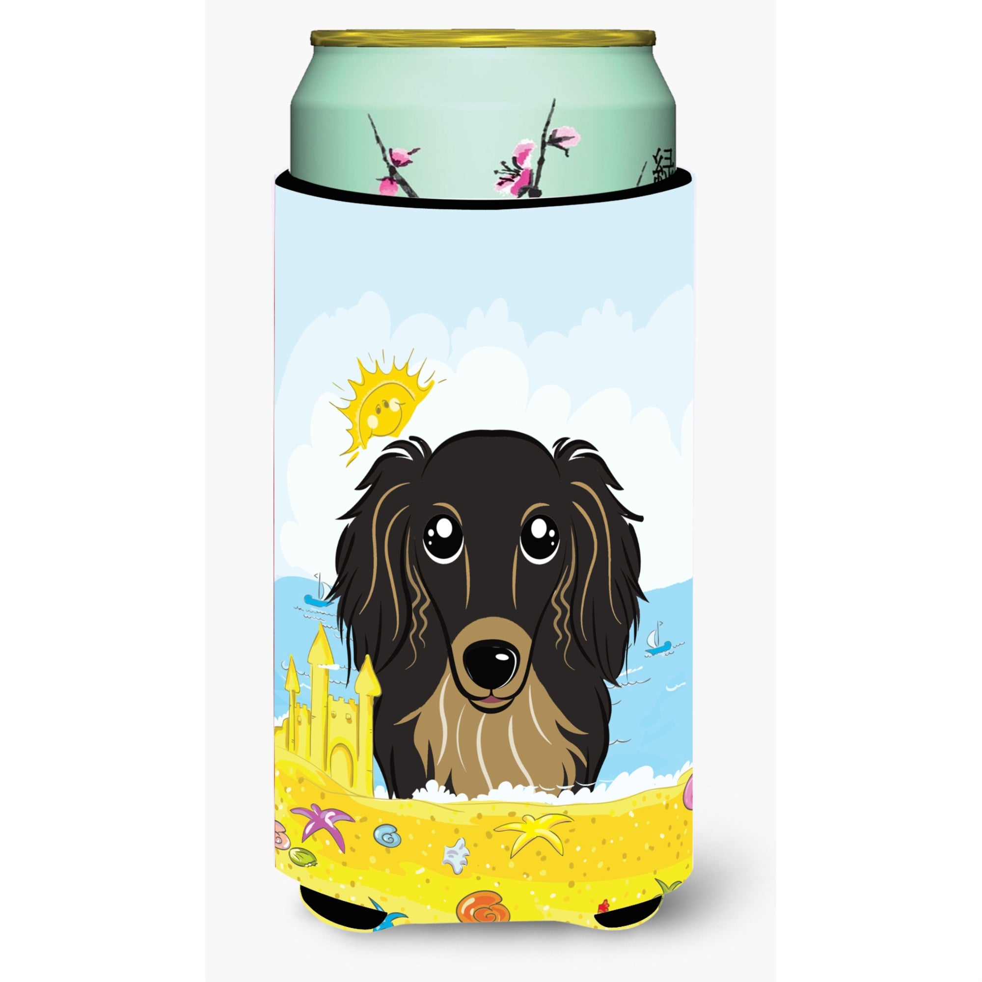 'Caroline'S Treasures Bb2081Tbc ''''Longhair Black And Tan Dachshund Summer Beach'''' Tall Boy Hugger Koozie, Multicolor''