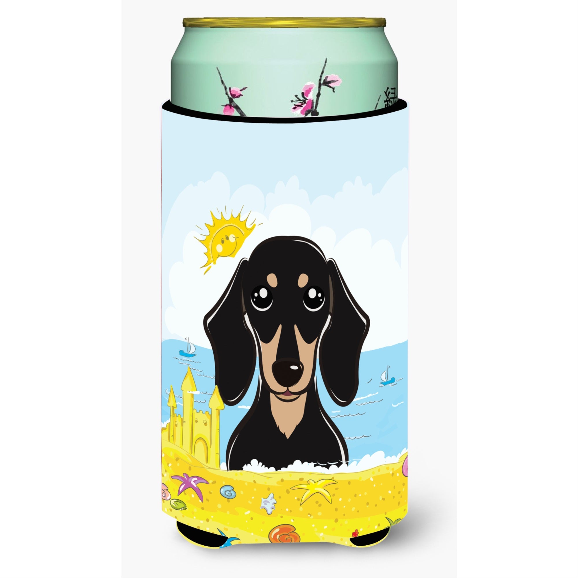 'Caroline'S Treasures Bb2083Tbc ''''Smooth Black And Tan Dachshund Summer Beach'''' Tall Boy Hugger Koozie, Multicolor''