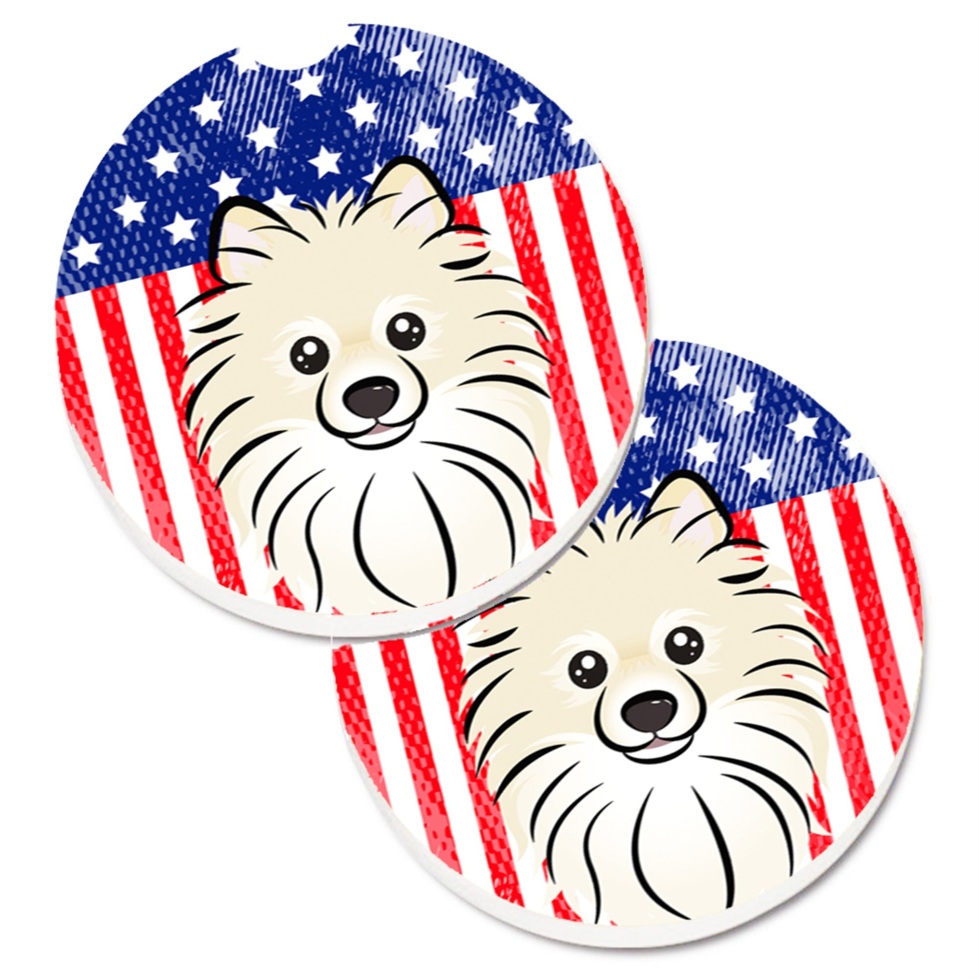 'Caroline'S Treasures American Flag & Pomeranian Set Of 2 Cup Holder Car Coasters Bb2137Carc, 2.56, Multicolor''