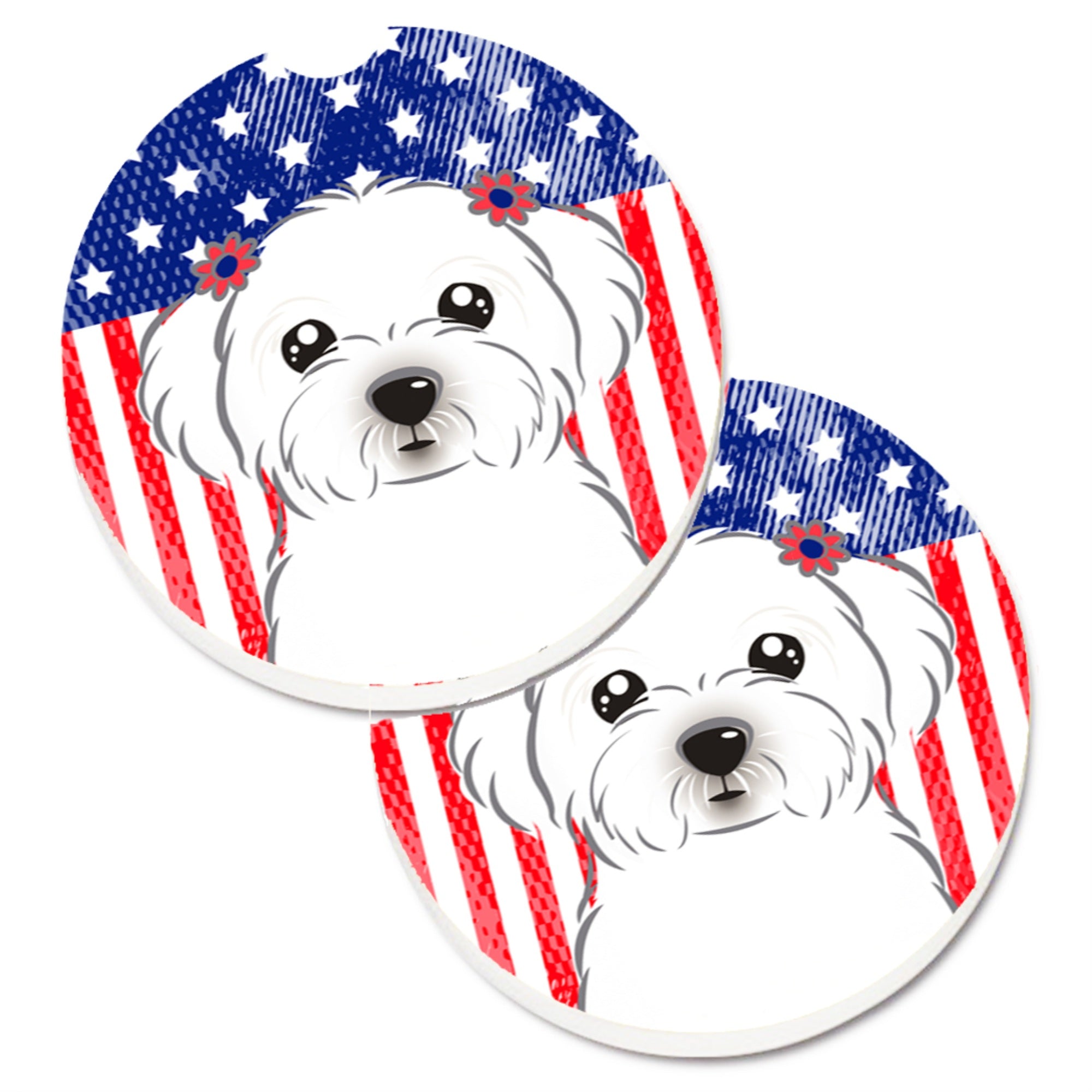 'Caroline'S Treasures American Flag & Maltese Set Of 2 Cup Holder Car Coasters Bb2138Carc, 2.56, Multicolor''
