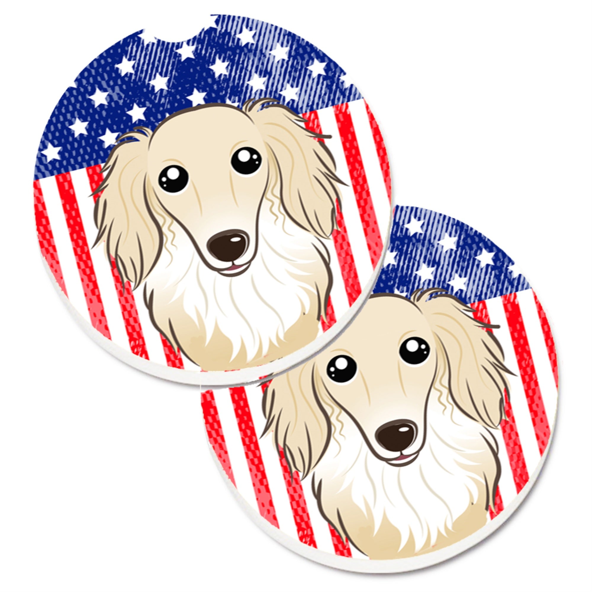 'Caroline'S Treasures American Flag & Longhair Creme Dachshund Set Of 2 Cup Holder Car Coasters Bb2142Carc, 2.56, Multicolor''