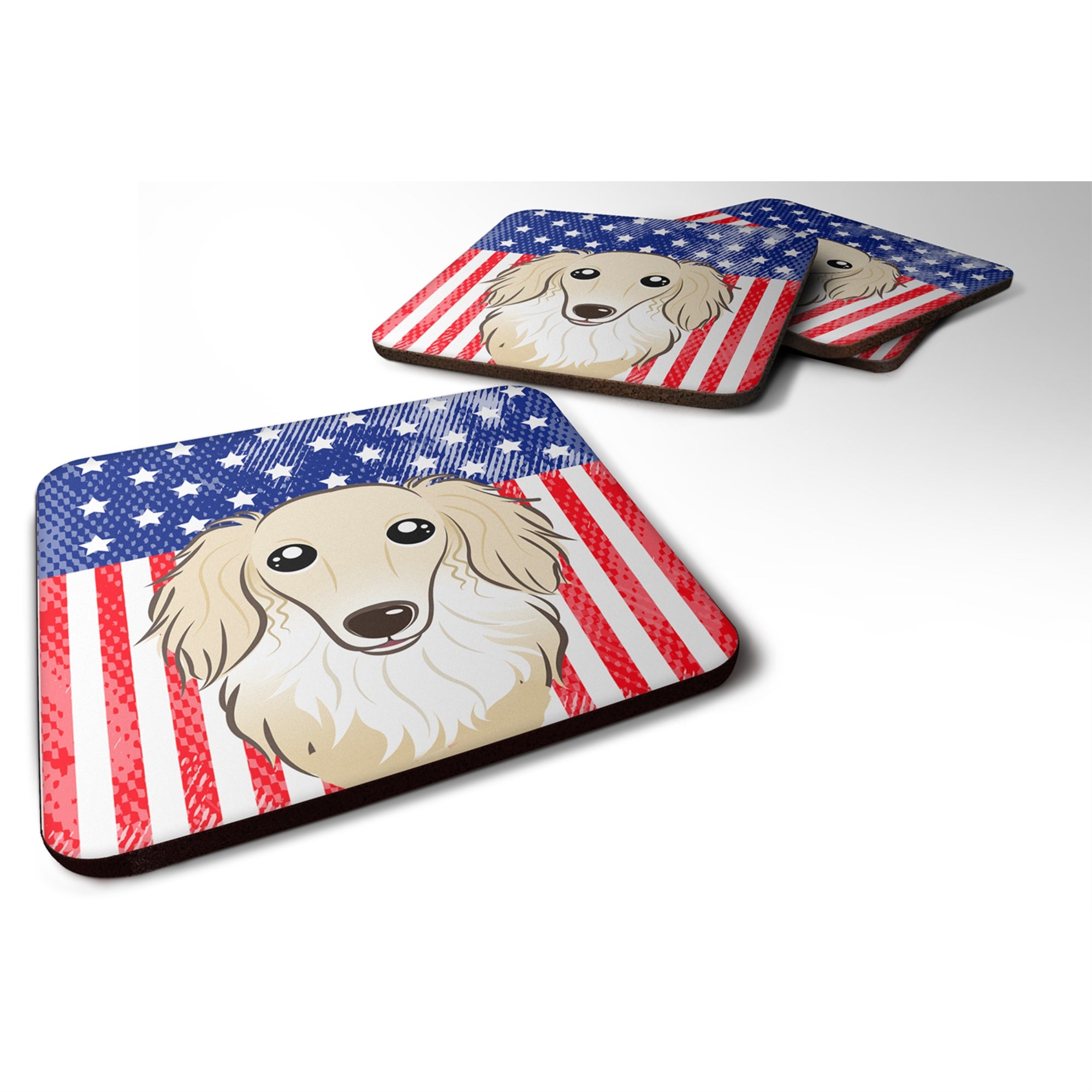 'Caroline'S Treasures Bb2142Fc American Flag And Longhair Creme Dachshund Foam Coaster (Set Of 4), 3.5'''', Multicolor''