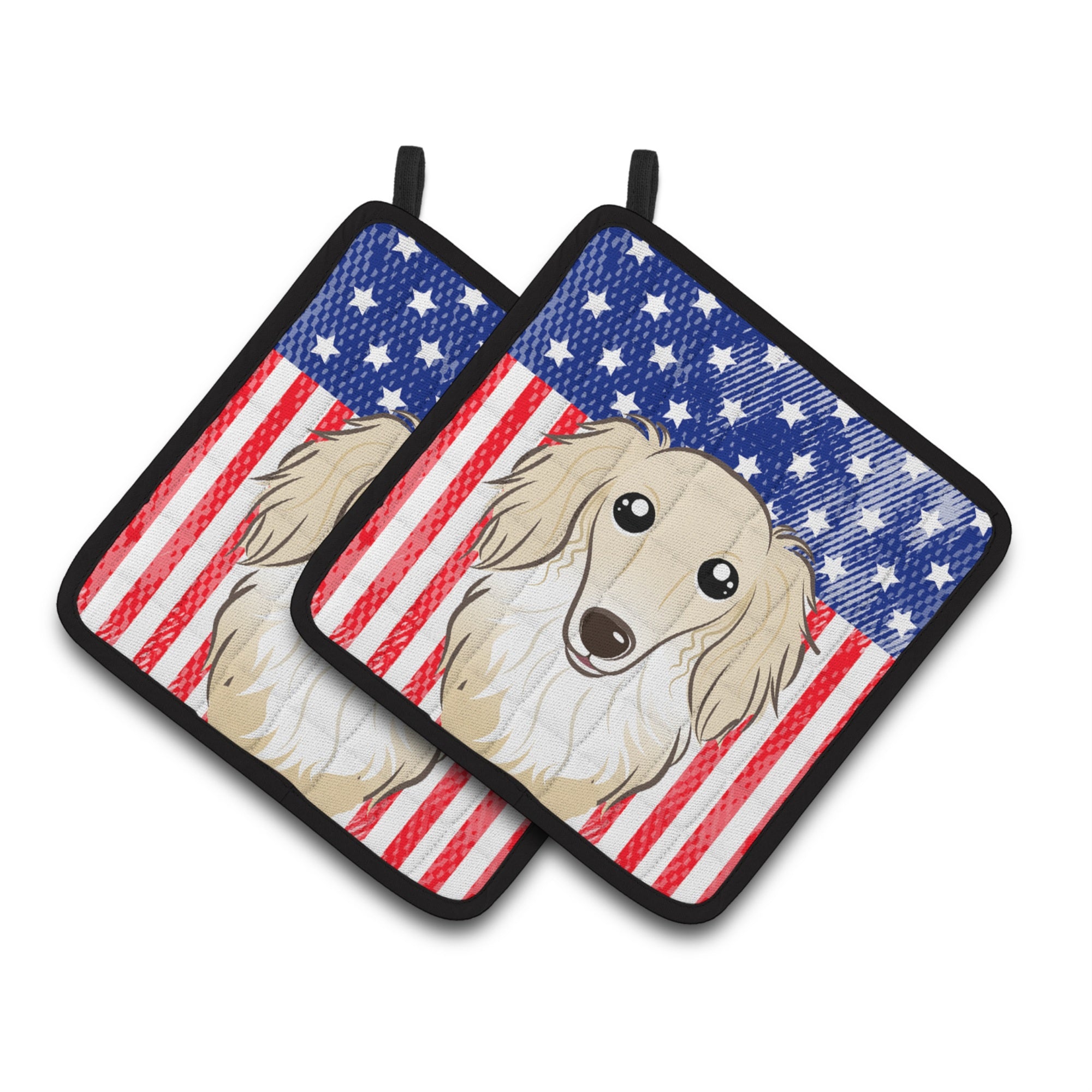 'Caroline'S Treasures American Flag & Longhair Creme Dachshund Pair Of Pot Holders Bb2142Pthd, 7.5Hx7.5W, Multicolor''