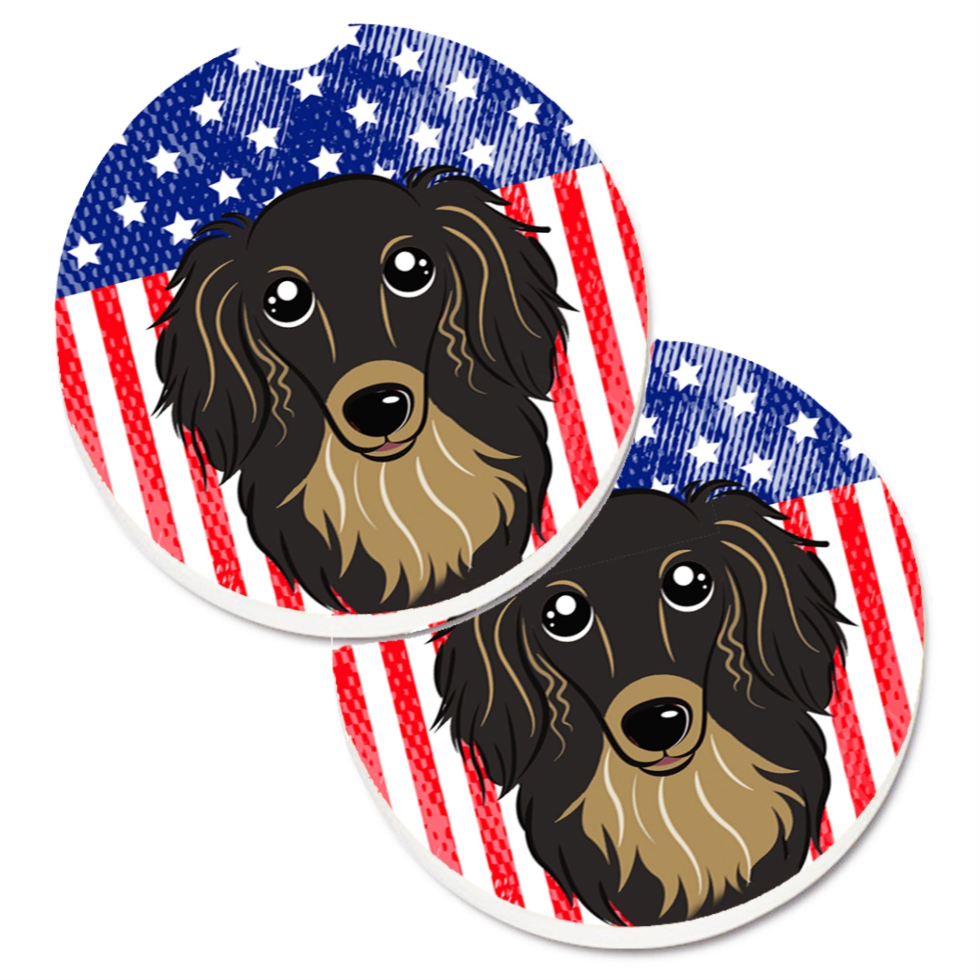 'Caroline'S Treasures American Flag & Longhair Black & Tan Dachshund Set Of 2 Cup Holder Car Coasters Bb2143Carc, 2.56, Multico