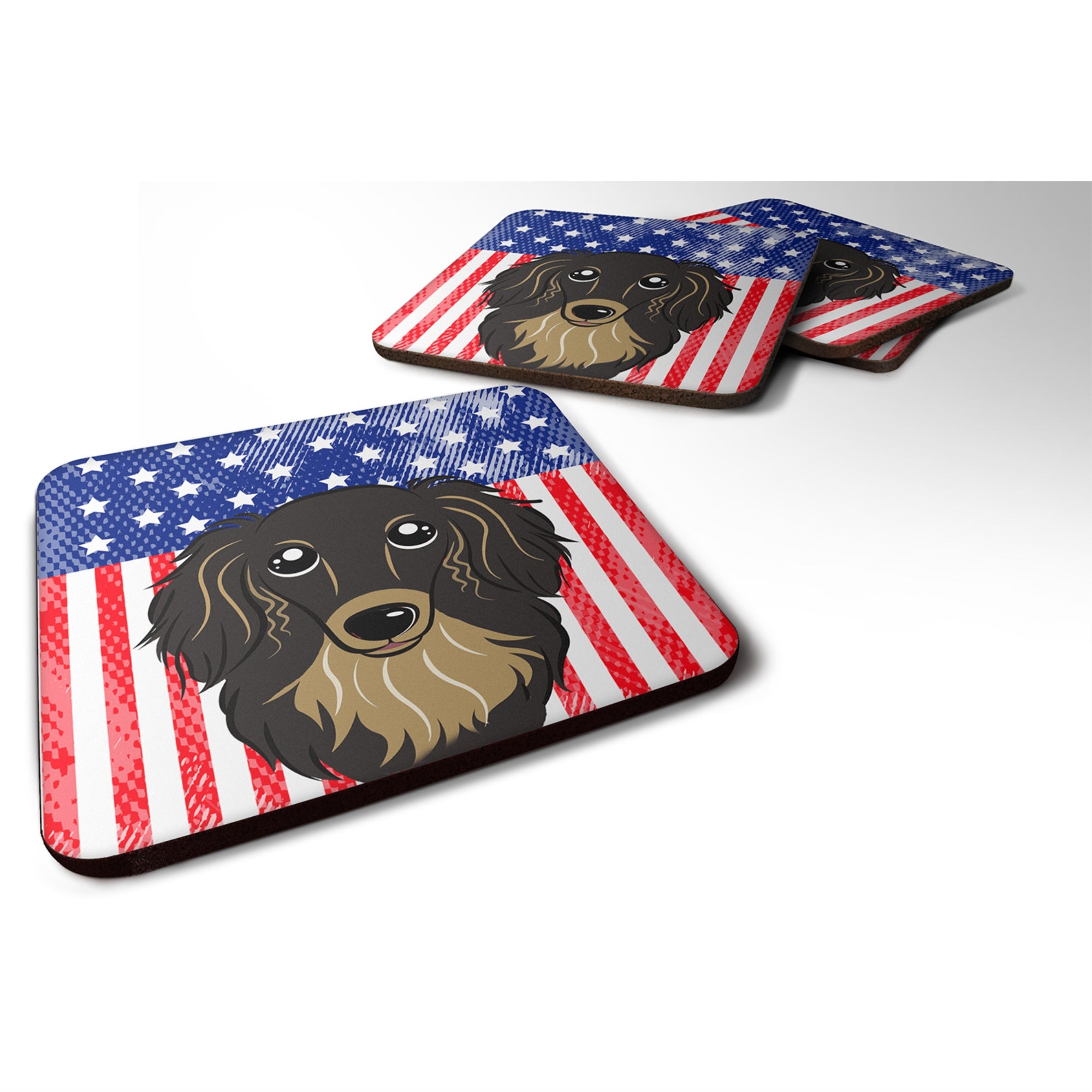 'Caroline'S Treasures Bb2143Fc American Flag And Longhair Black And Tan Dachshund Foam Coaster (Set Of 4), 3.5'''', Multicolor'