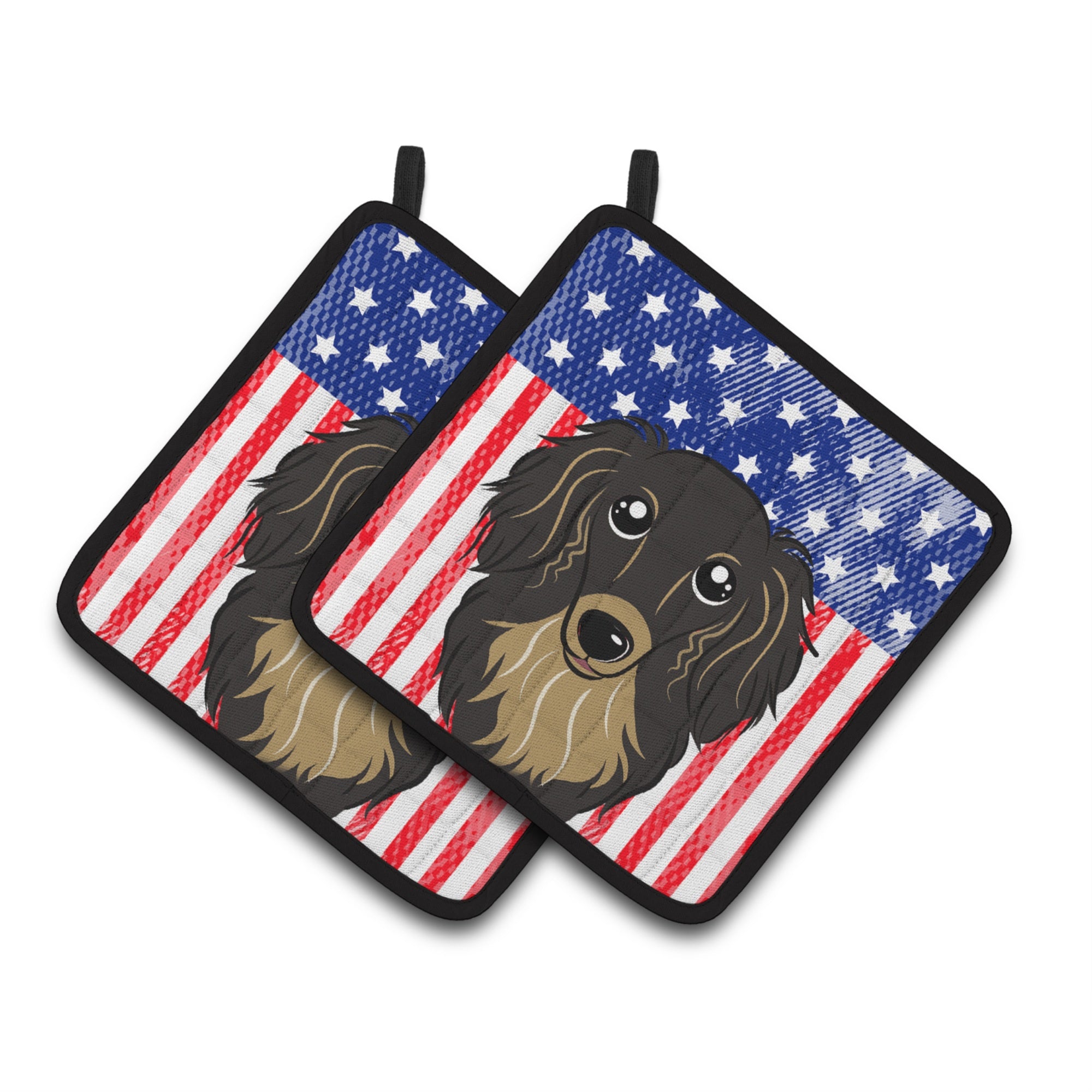 'Caroline'S Treasures American Flag & Longhair Black & Tan Dachshund Pair Of Pot Holders Bb2143Pthd, 7.5Hx7.5W, Multicolor''