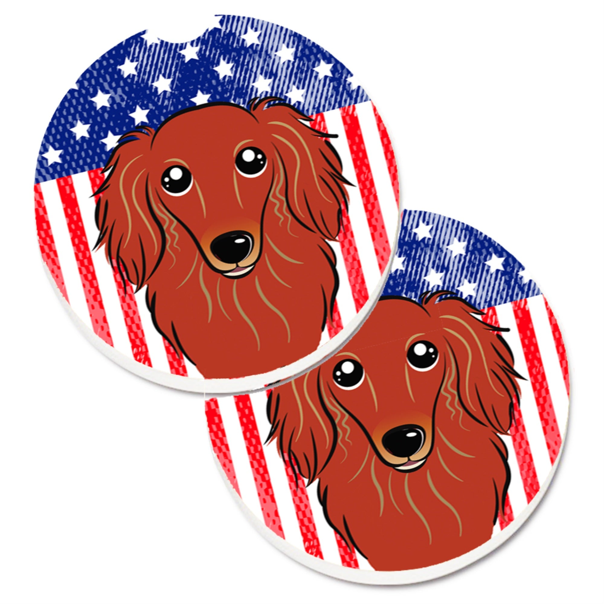 'Caroline'S Treasures American Flag & Longhair Red Dachshund Set Of 2 Cup Holder Car Coasters Bb2144Carc, 2.56, Multicolor''