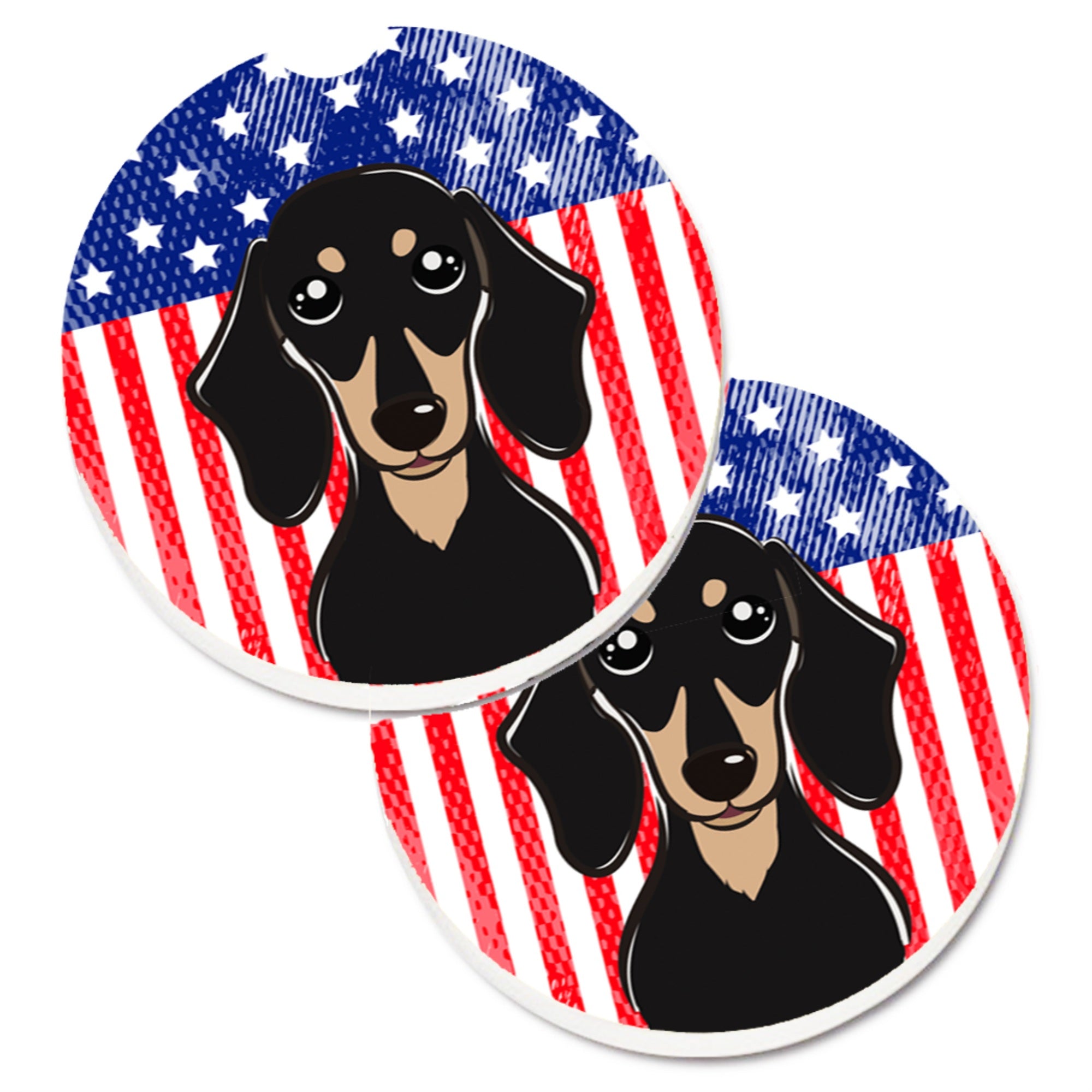 'Caroline'S Treasures American Flag & Smooth Black & Tan Dachshund Set Of 2 Cup Holder Car Coasters Bb2145Carc, 2.56, Multicolo