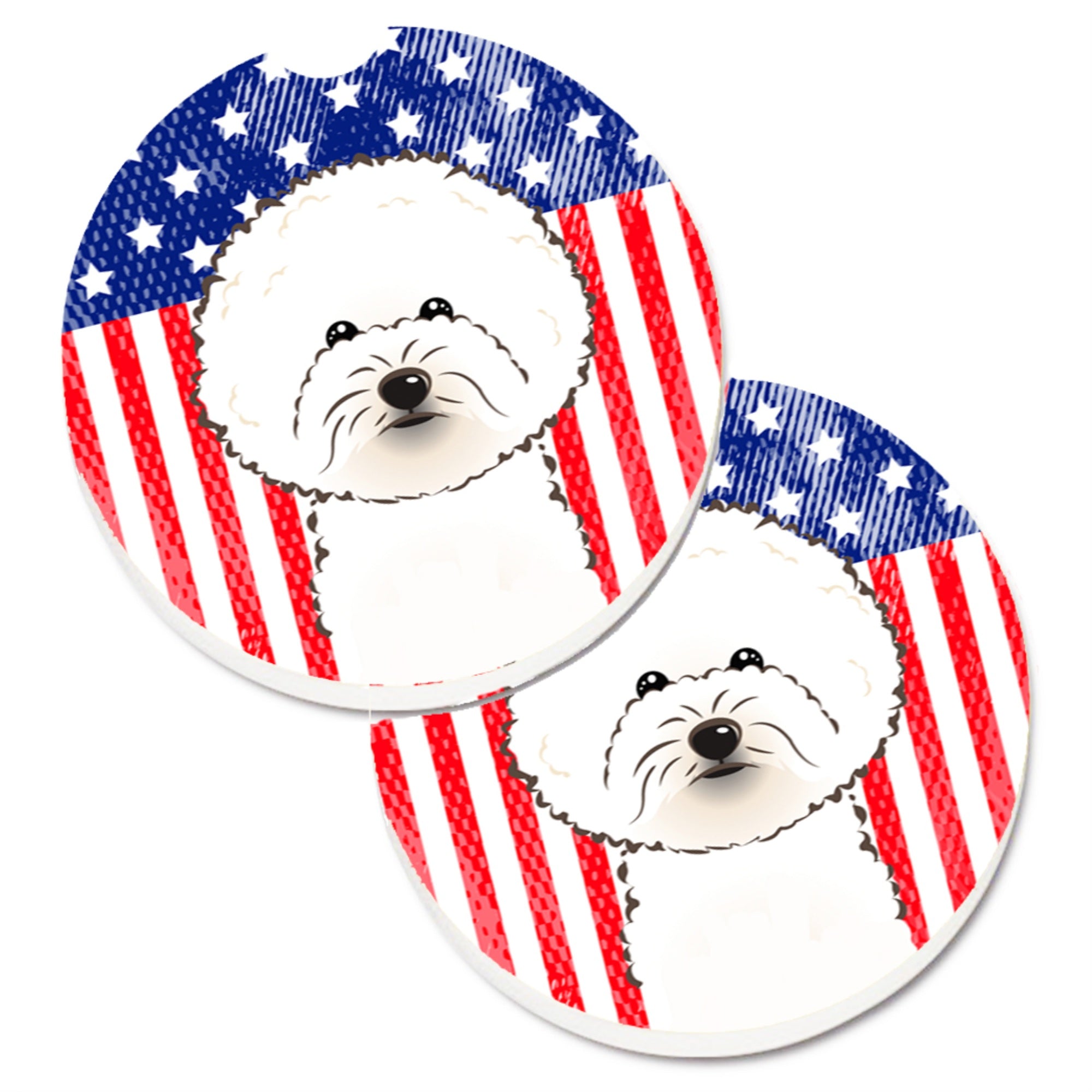 'Caroline'S Treasures American Flag & Bichon Frise Set Of 2 Cup Holder Car Coasters Bb2147Carc, 2.56, Multicolor''