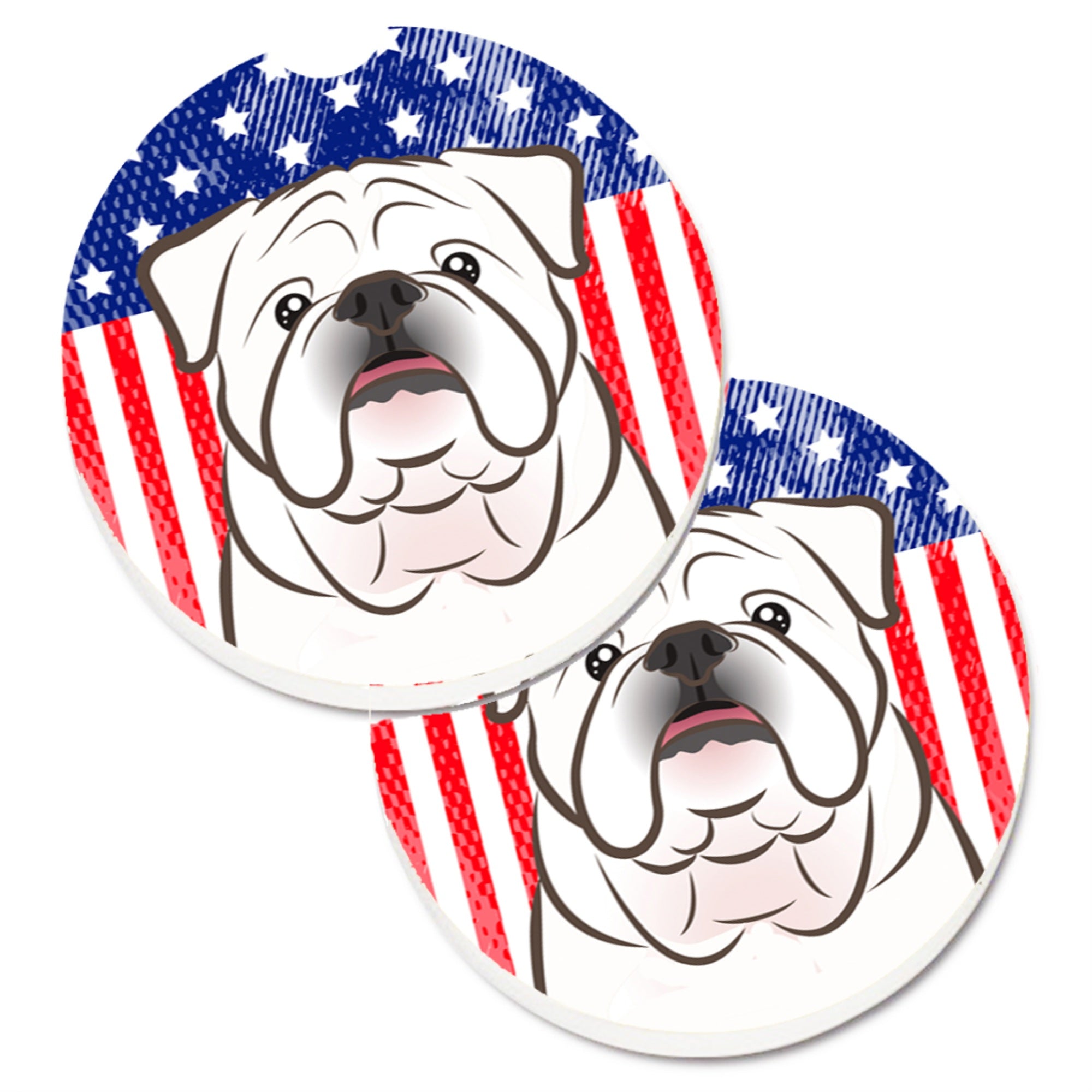 'Caroline'S Treasures American Flag & White English Bulldog Set Of 2 Cup Holder Car Coasters Bb2150Carc, 2.56, Multicolor''
