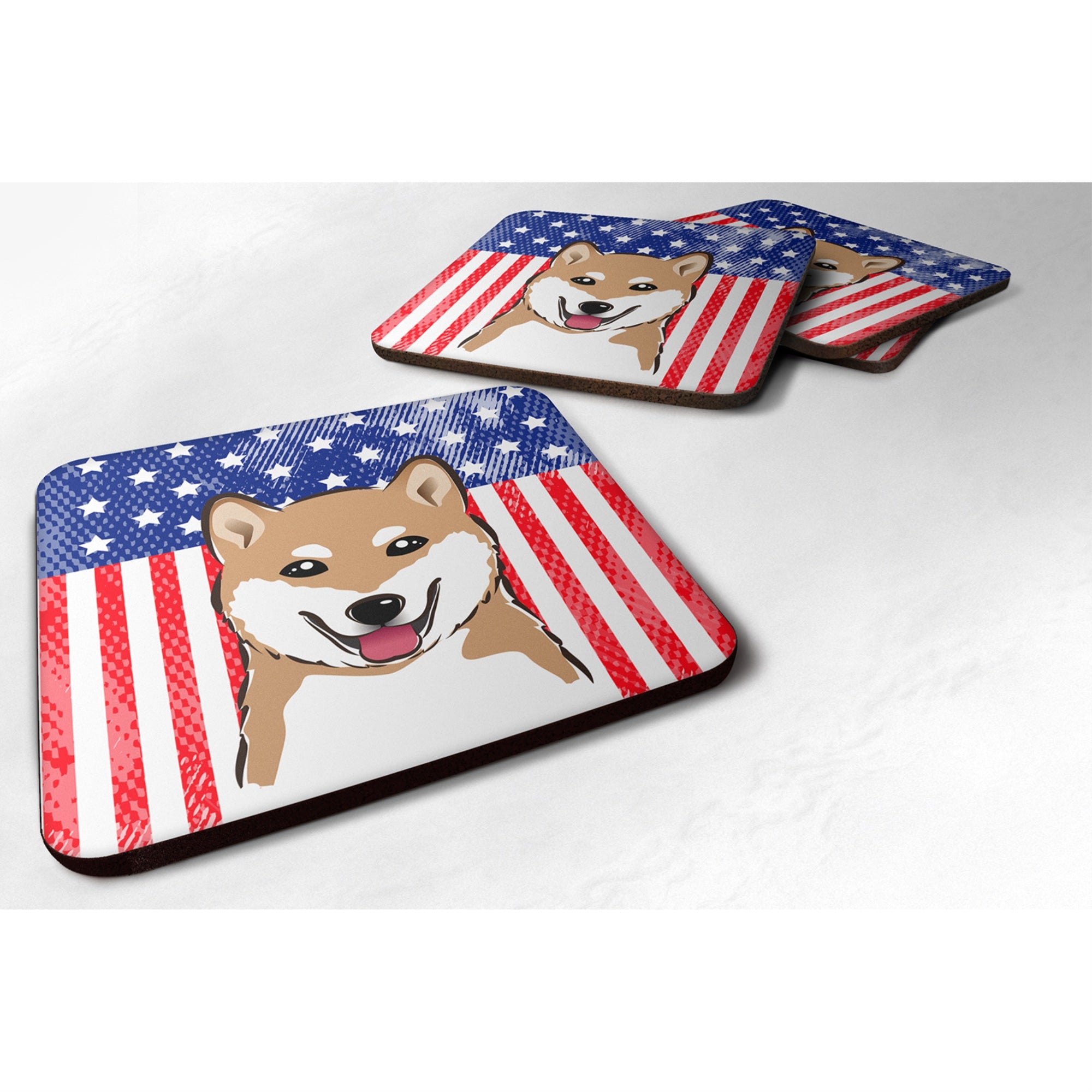 'Caroline'S Treasures Bb2155Fc American Flag And Shiba Inu Foam Coaster (Set Of 4), 3.5'''', Multicolor''