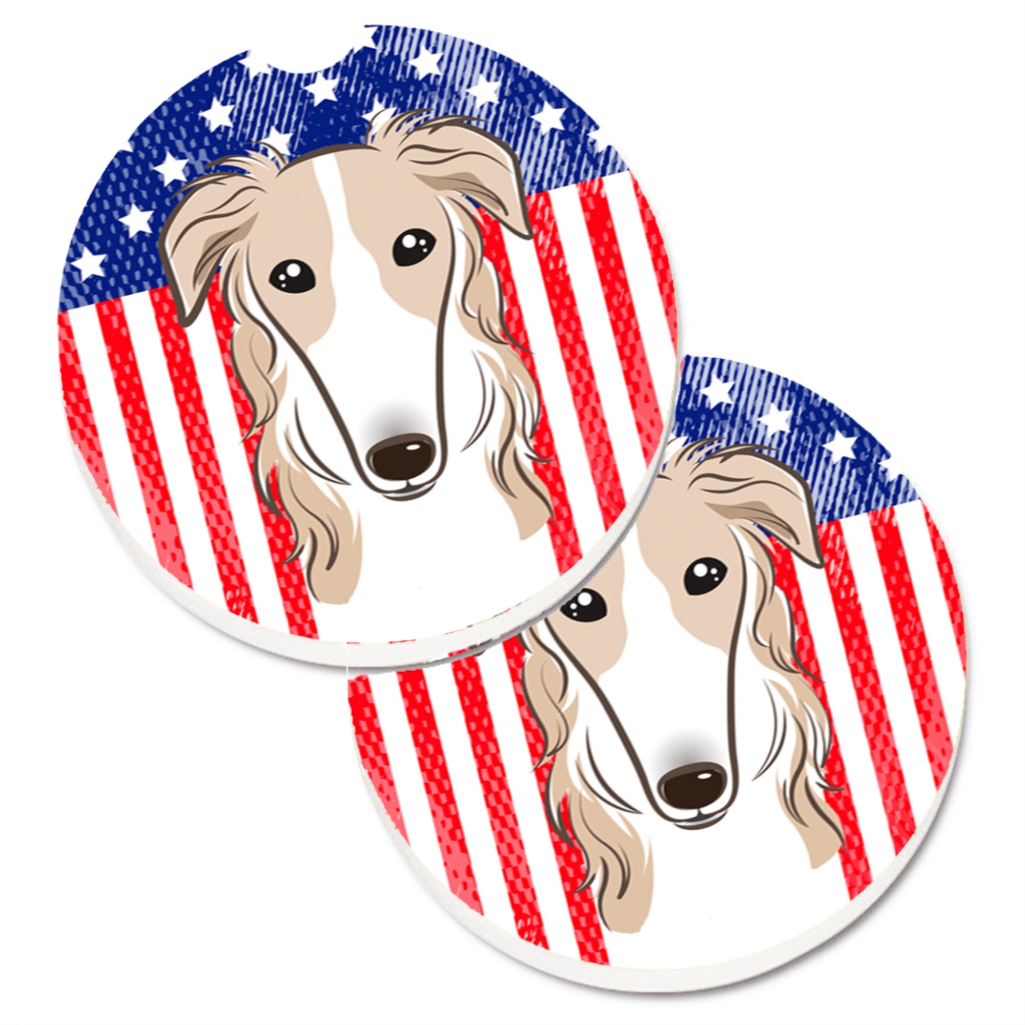 'Caroline'S Treasures American Flag & Borzoi Set Of 2 Cup Holder Car Coasters Bb2158Carc, 2.56, Multicolor''