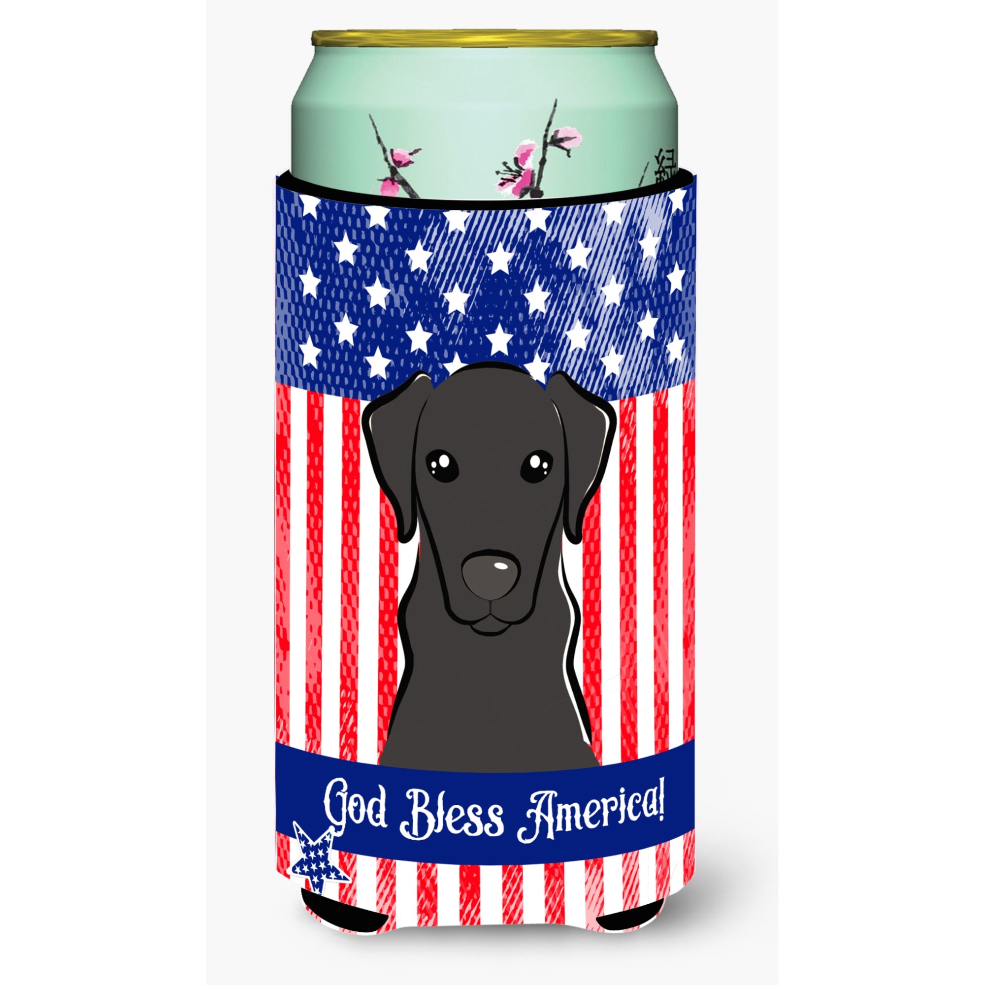 Carolines Treasures BB2165TBC God Bless American Flag with Black Labrador Tall Boy Hugger Koozie, Multicolor