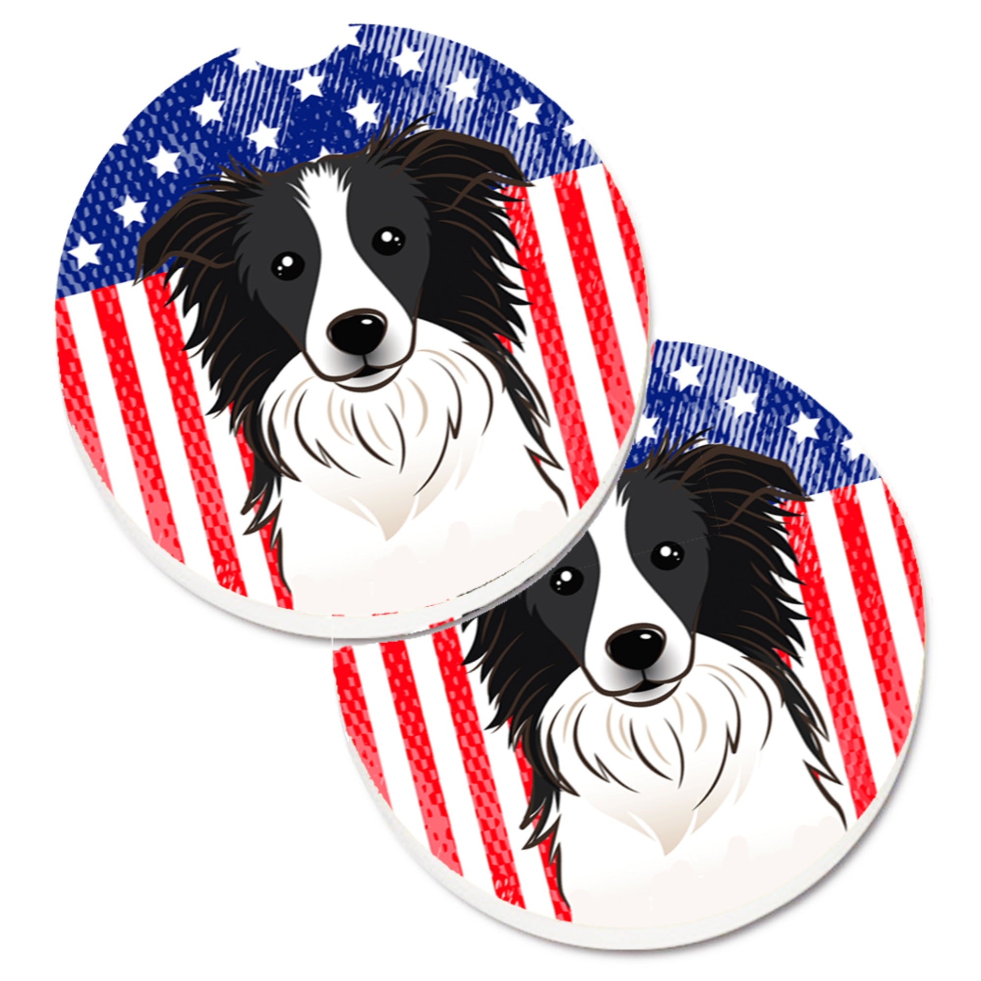 'Caroline'S Treasures American Flag & Border Collie Set Of 2 Cup Holder Car Coasters Bb2171Carc, 2.56, Multicolor''