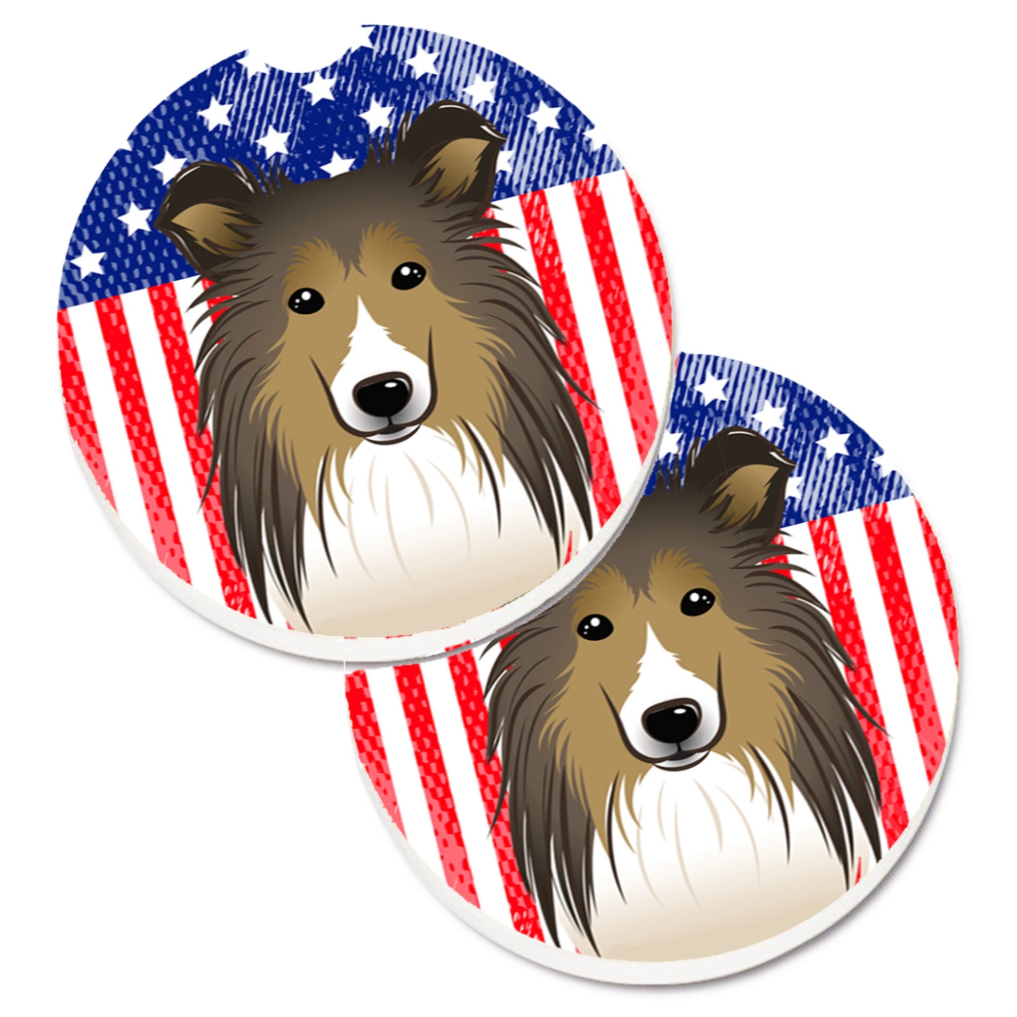 'Caroline'S Treasures American Flag & Sheltie Set Of 2 Cup Holder Car Coasters Bb2172Carc, 2.56, Multicolor''